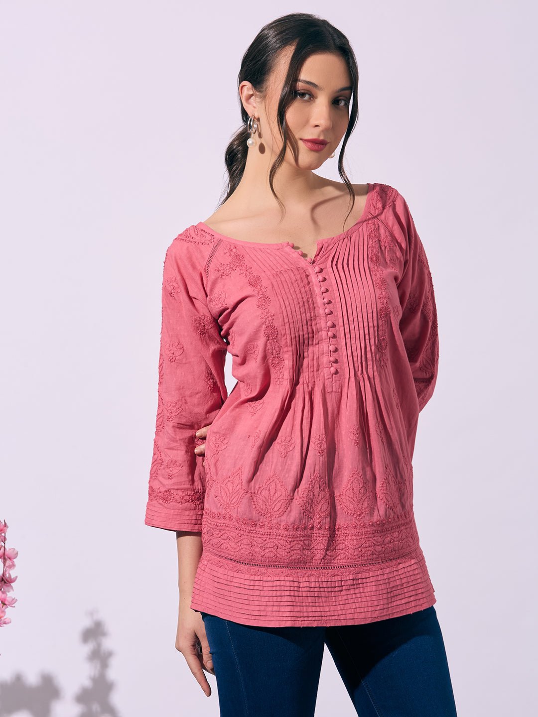 Chocolate Hand - Embroidered Chikankari Pure Cotton Top - Indiankala4u