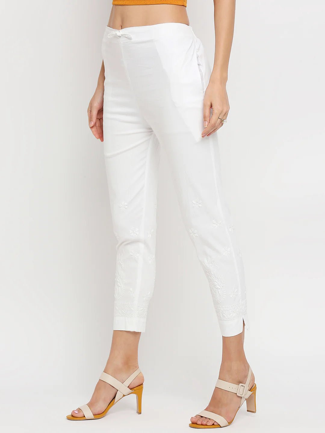 Hand Embroidered Chikankari Cotton Lycra Cigarette Pants - Indiankala4u