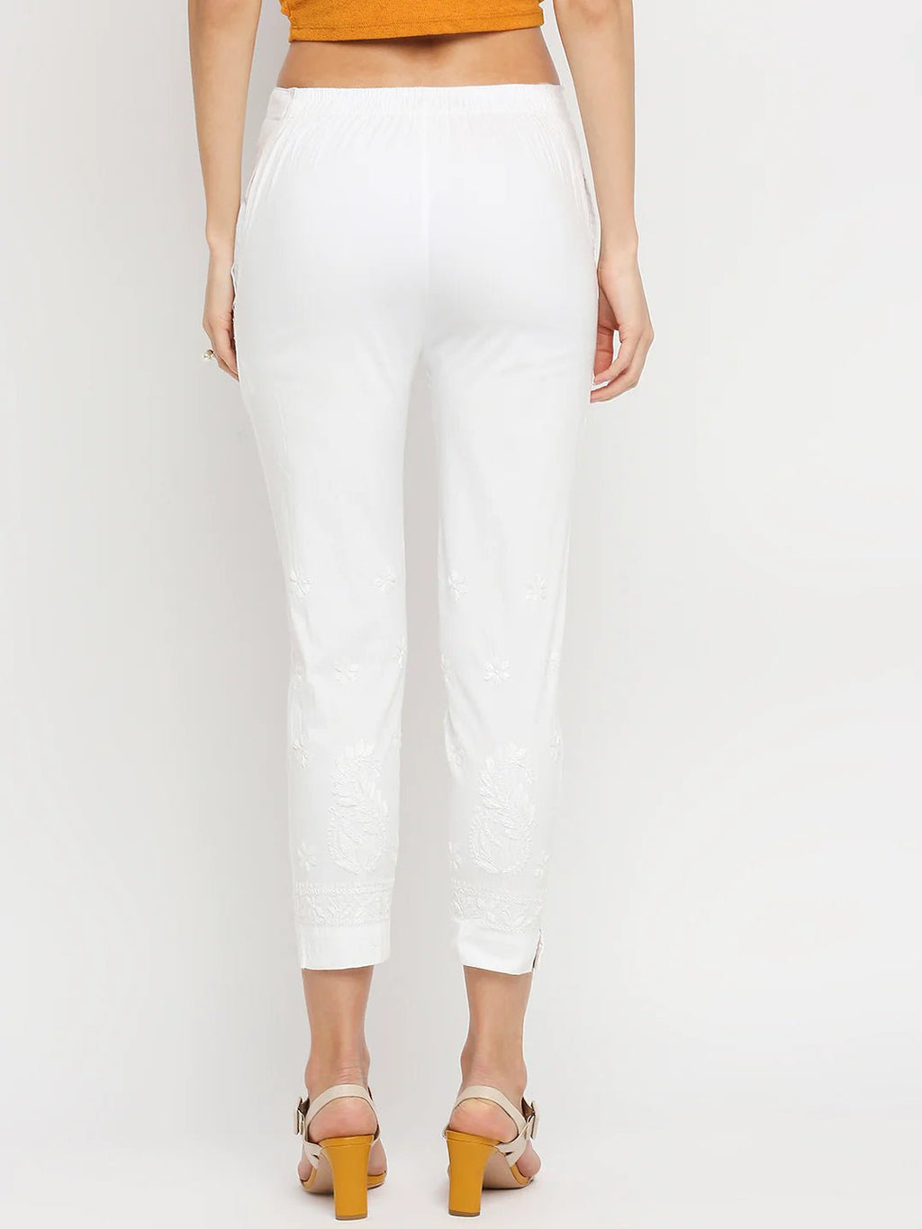 Hand Embroidered Chikankari Cotton Lycra Cigarette Pants - Indiankala4u