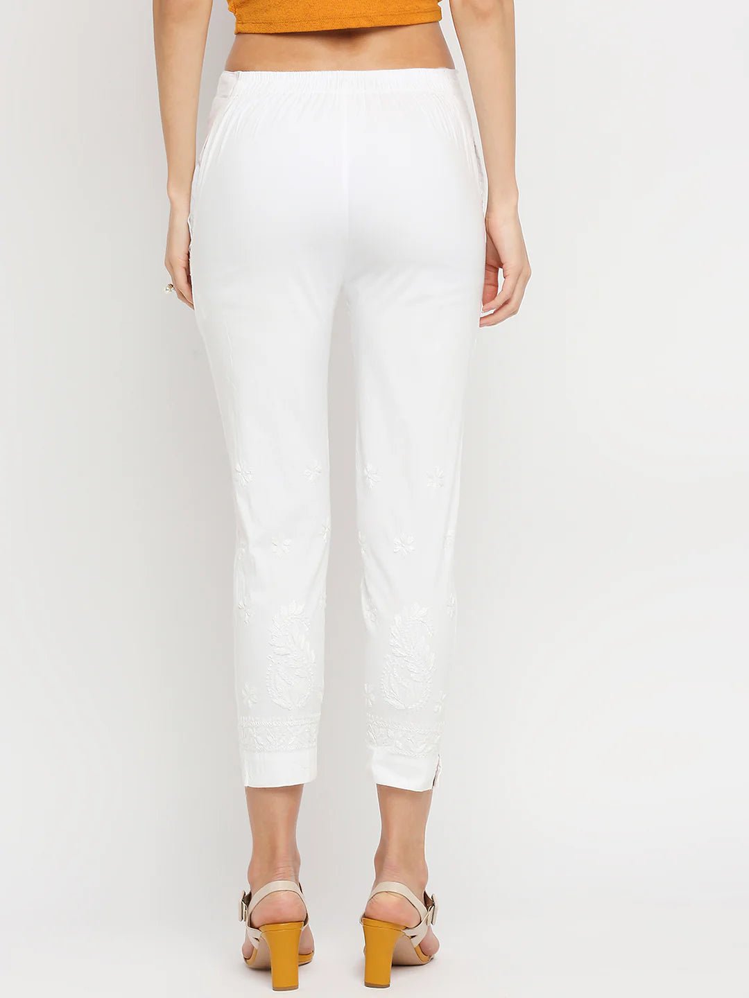 Hand Embroidered Chikankari Cotton Lycra Cigarette Pants - Indiankala4u
