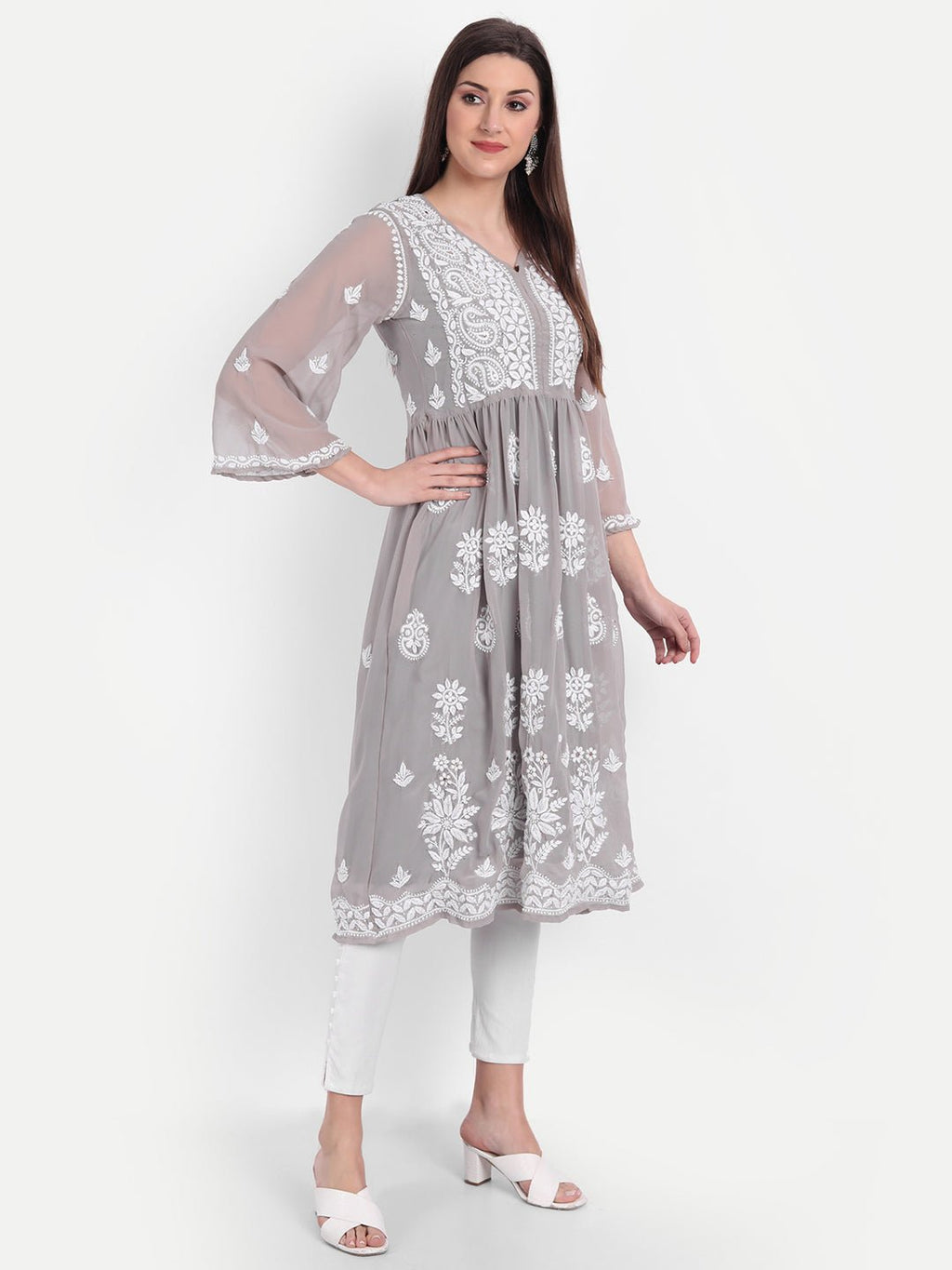 Hand Embroidered Lucknow Chikankari Fit & Flare Kurti with Matching Inner, Georgette - Indiankala4u