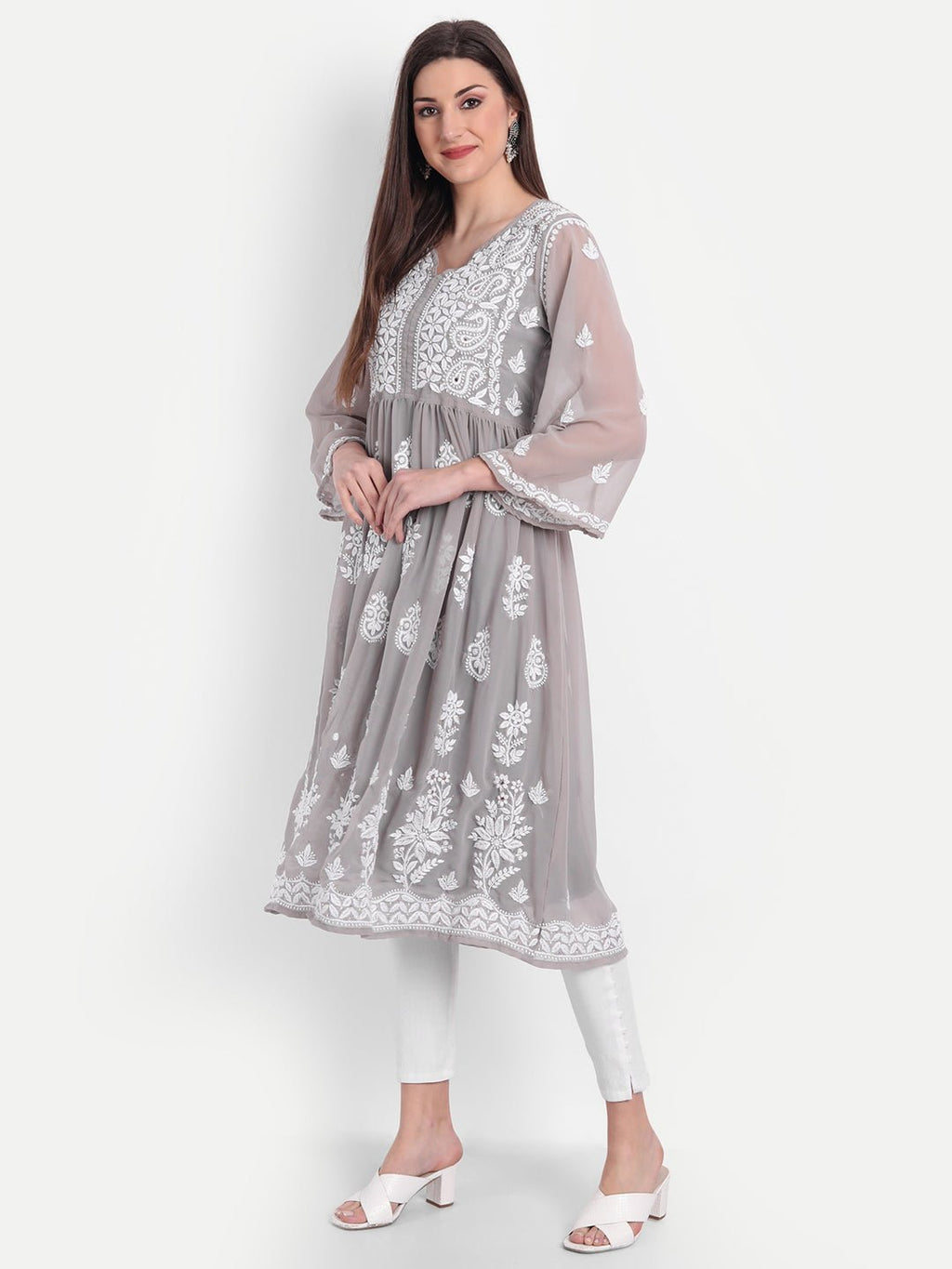 Hand Embroidered Lucknow Chikankari Fit & Flare Kurti with Matching Inner, Georgette - Indiankala4u