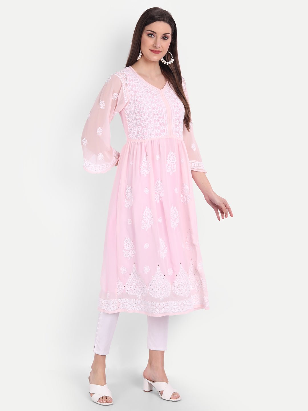 Hand Embroidered Lucknow Chikankari Fit & Flare Kurti with Matching Inner, Georgette - Indiankala4u