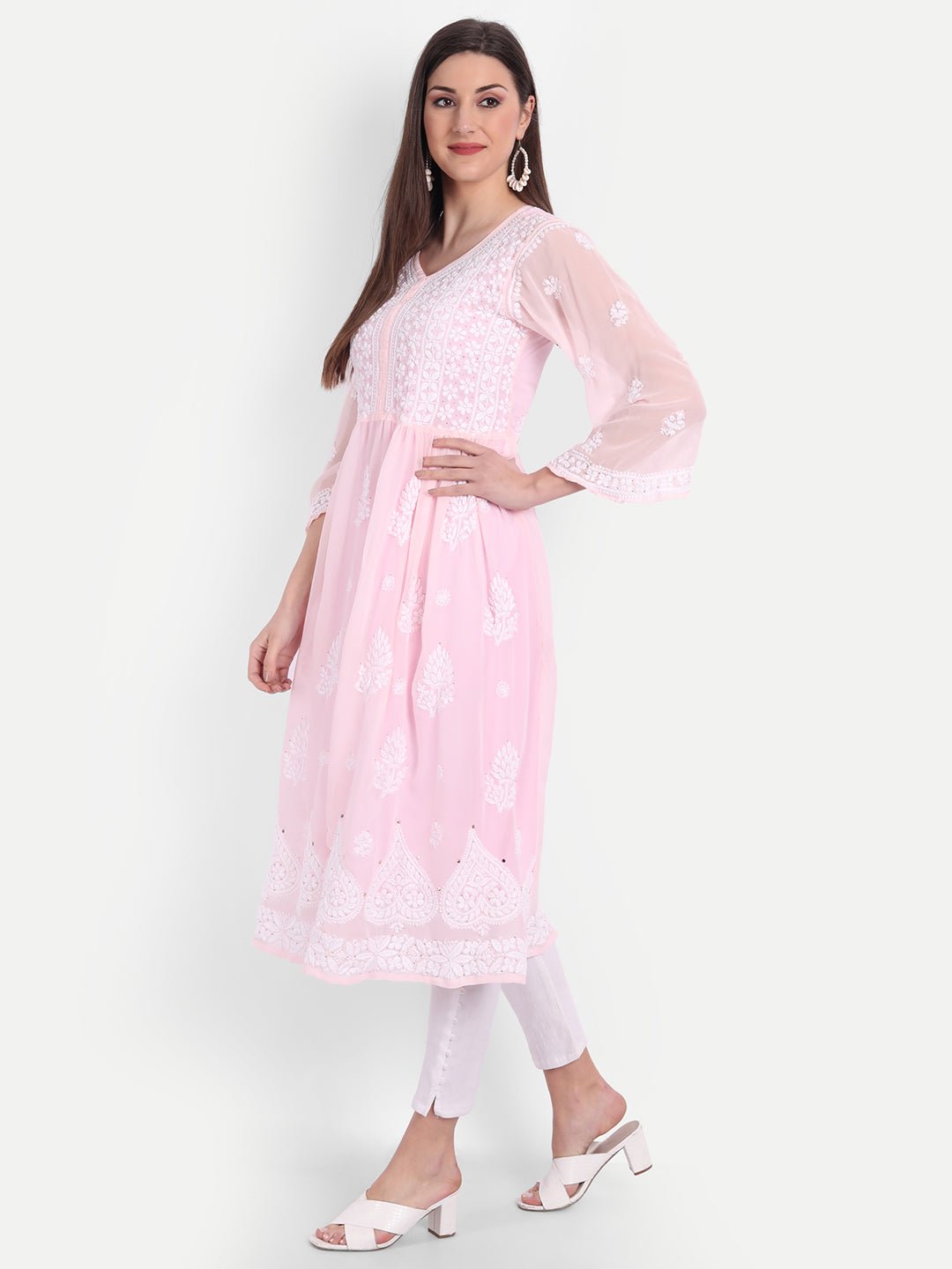 Hand Embroidered Lucknow Chikankari Fit & Flare Kurti with Matching Inner, Georgette - Indiankala4u
