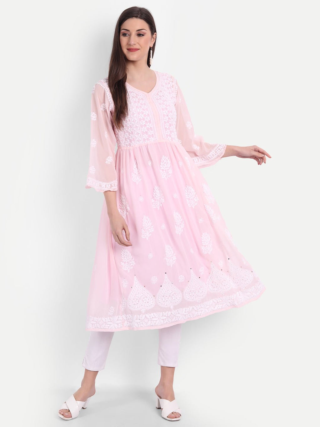 Hand Embroidered Lucknow Chikankari Fit & Flare Kurti with Matching Inner, Georgette - Indiankala4u
