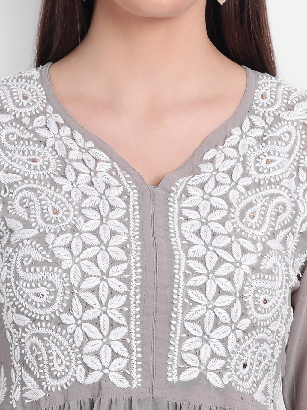 Hand Embroidered Lucknow Chikankari Fit & Flare Kurti with Matching Inner, Georgette - Indiankala4u