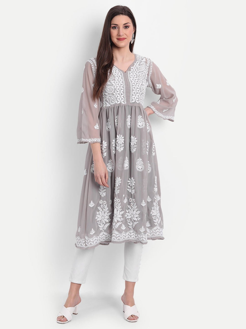 Hand Embroidered Lucknow Chikankari Fit & Flare Kurti with Matching Inner, Georgette - Indiankala4u