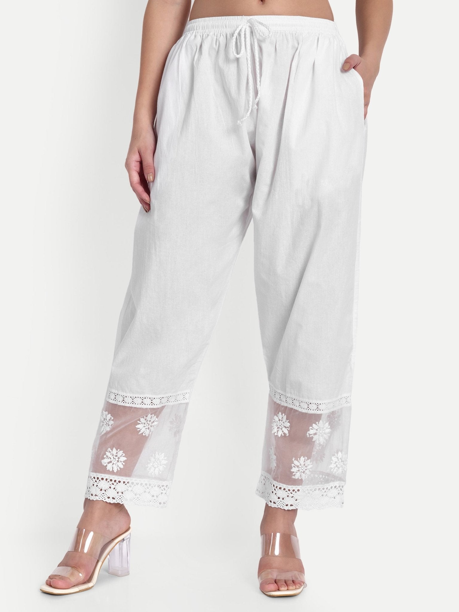 Indiankala4u Hand Embroidered Chikankari Palazzo Pants Salwar for Women Pure Cotton White - Indiankala4u