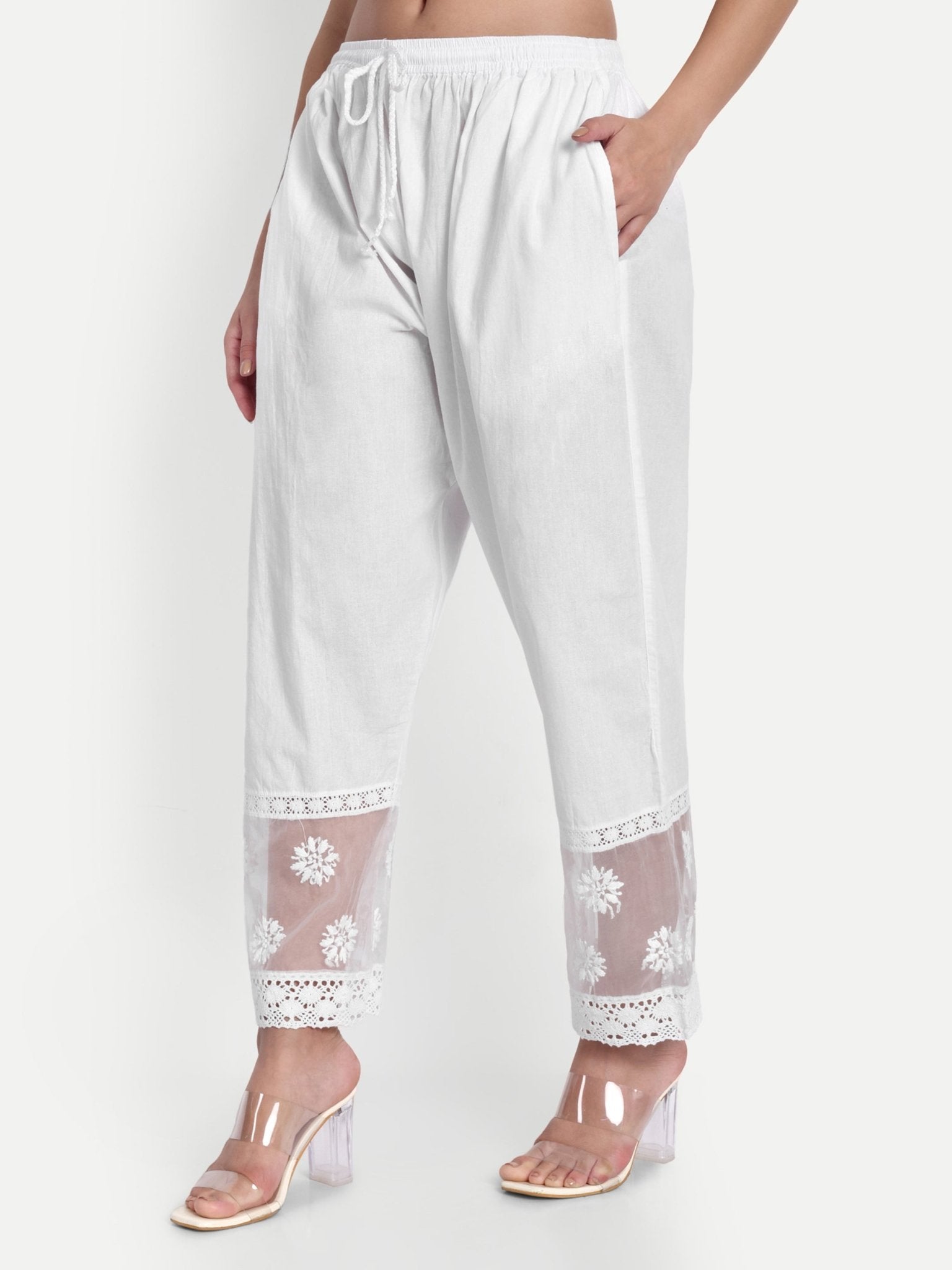 Indiankala4u Hand Embroidered Chikankari Palazzo Pants Salwar for Women Pure Cotton White - Indiankala4u