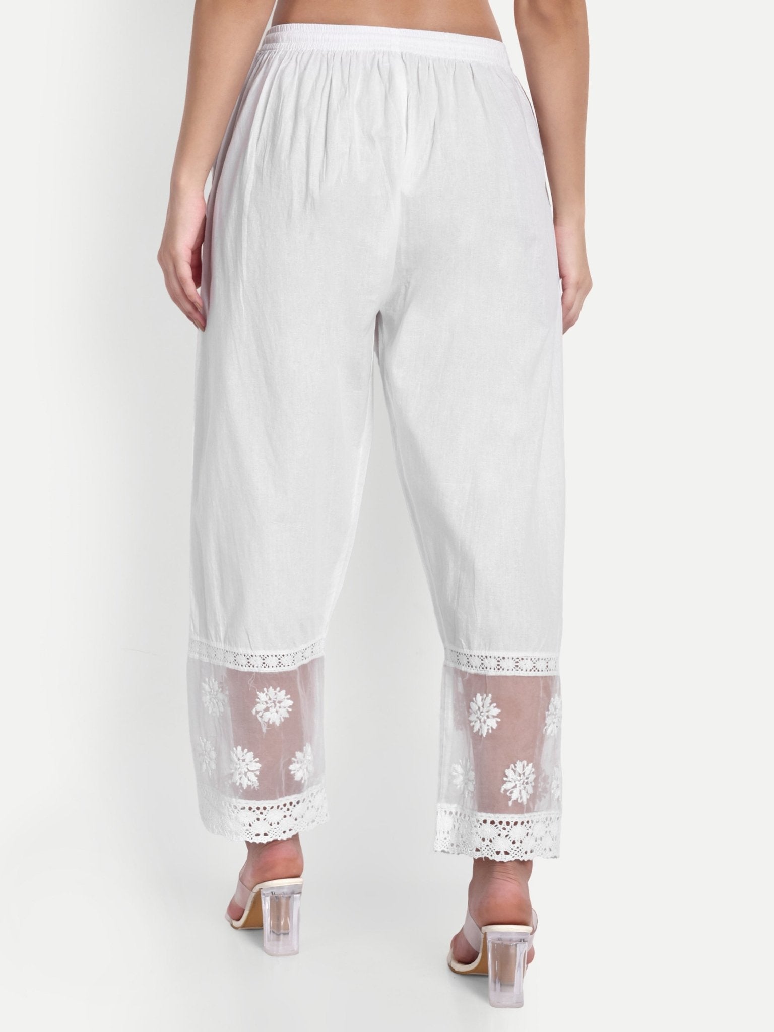 Indiankala4u Hand Embroidered Chikankari Palazzo Pants Salwar for Women Pure Cotton White - Indiankala4u