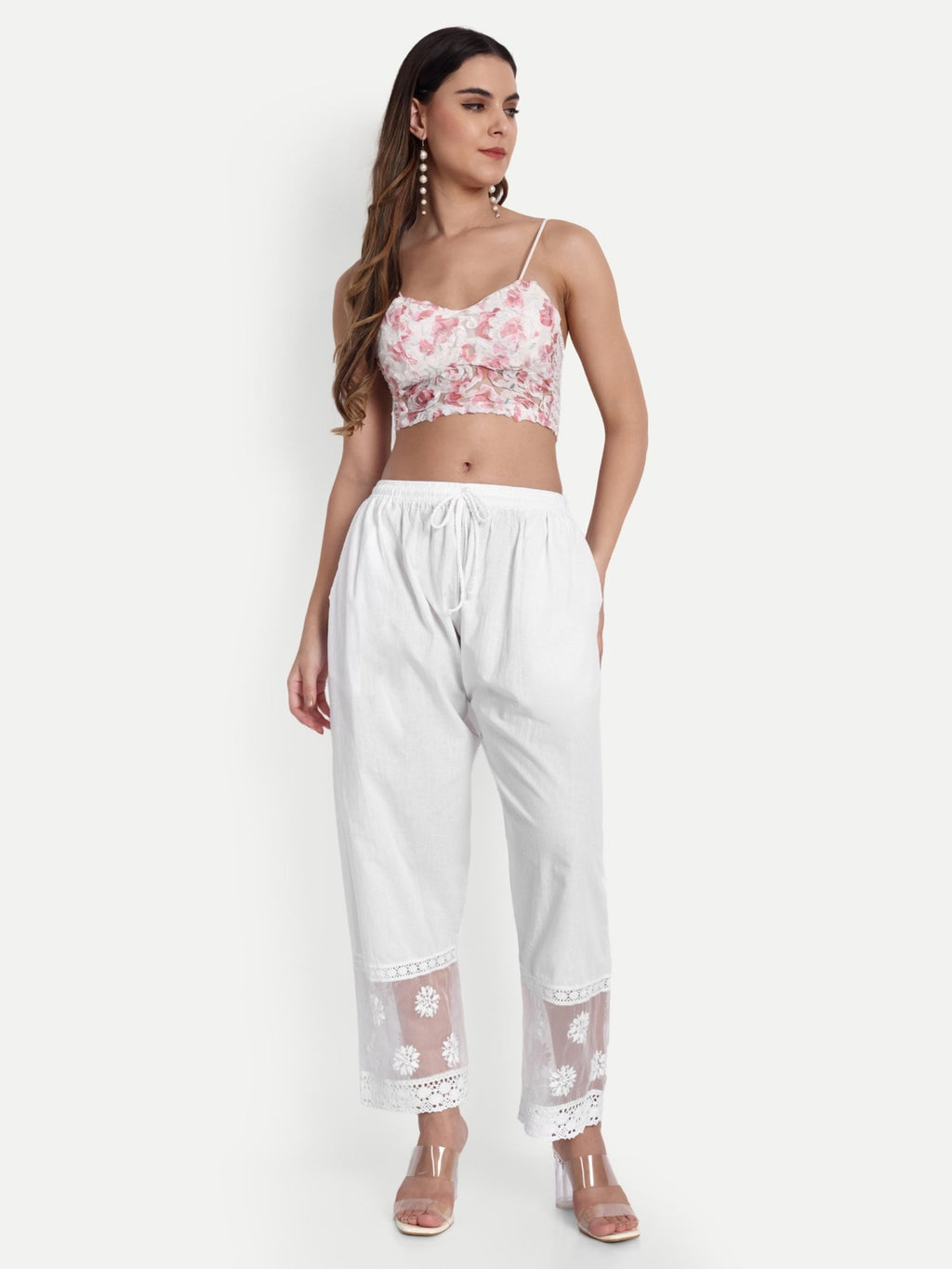 Indiankala4u Hand Embroidered Chikankari Palazzo Pants Salwar for Women Pure Cotton White - Indiankala4u