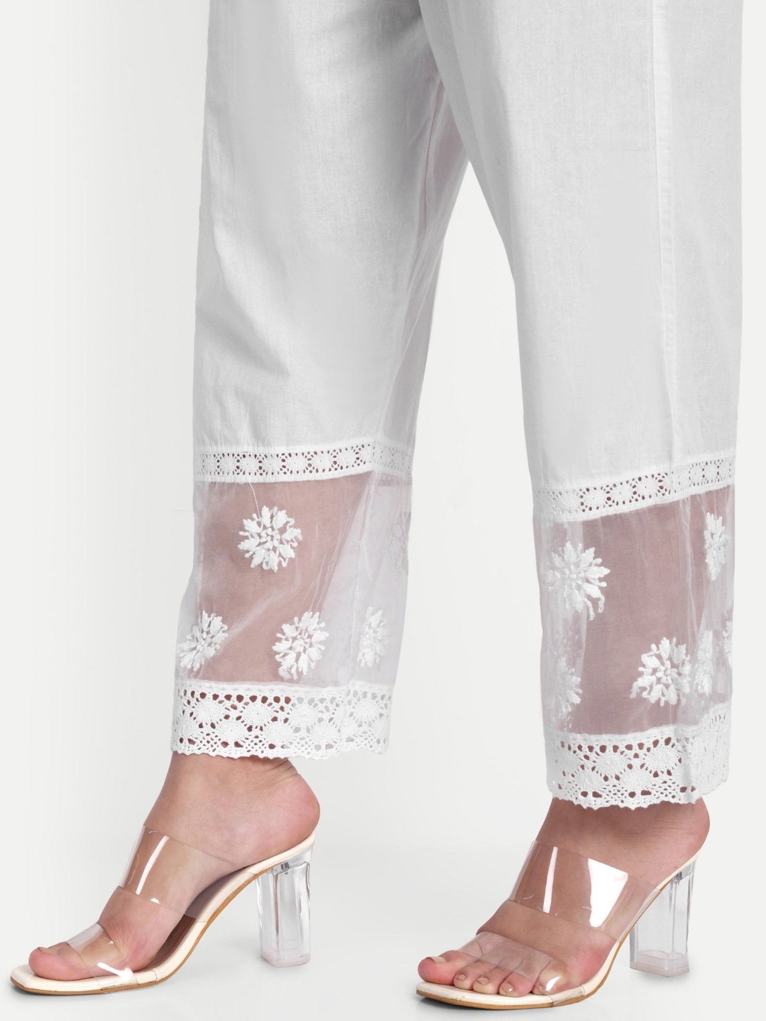 Indiankala4u Hand Embroidered Chikankari Palazzo Pants Salwar for Women Pure Cotton White - Indiankala4u