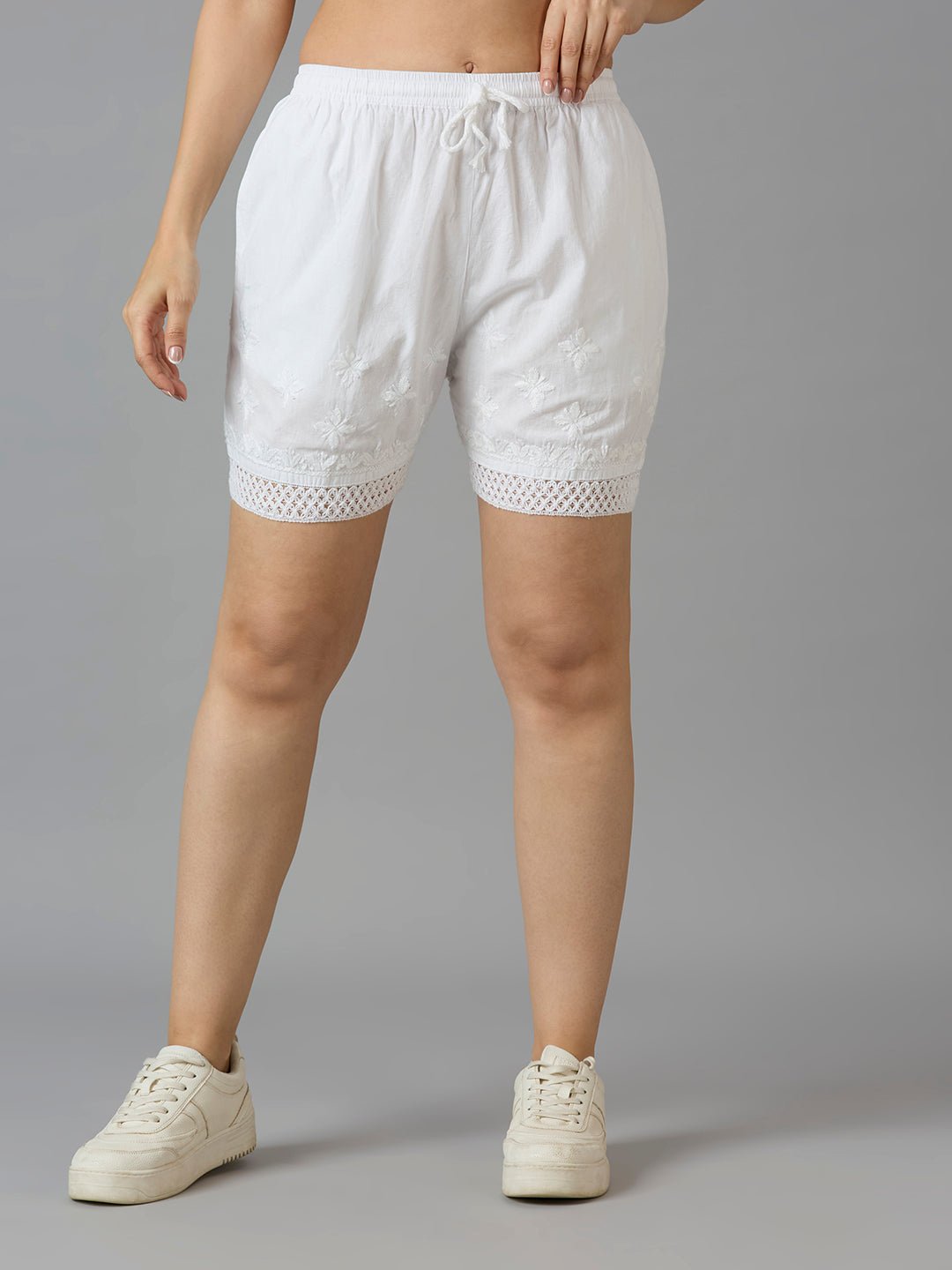Indiankala4U Women's Pure Cotton Hand Embroidered Chikankari Shorts with Crochet Hem High - Rise Drawstring Waist - Indiankala4u