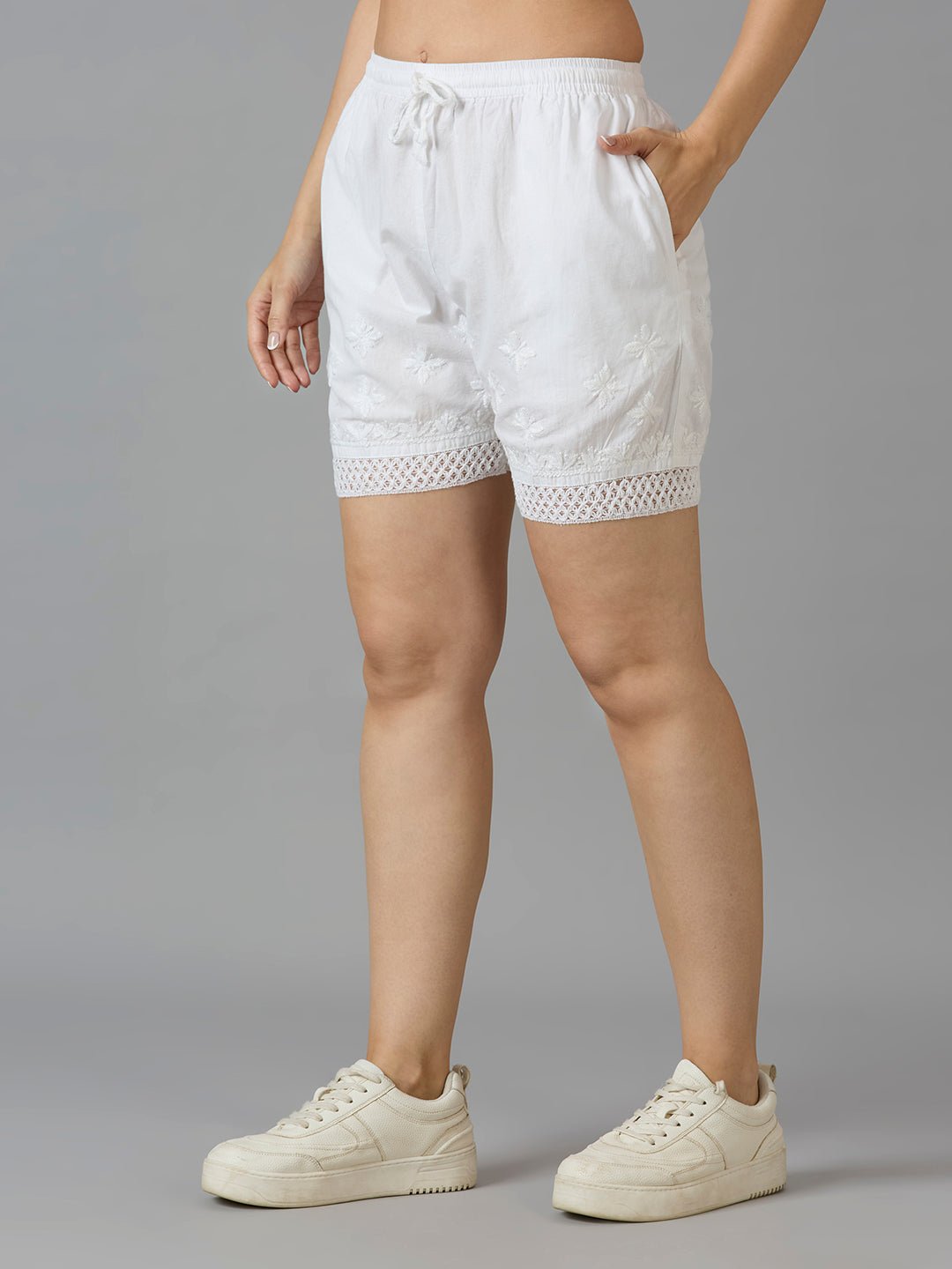 Indiankala4U Women's Pure Cotton Hand Embroidered Chikankari Shorts with Crochet Hem High - Rise Drawstring Waist - Indiankala4u