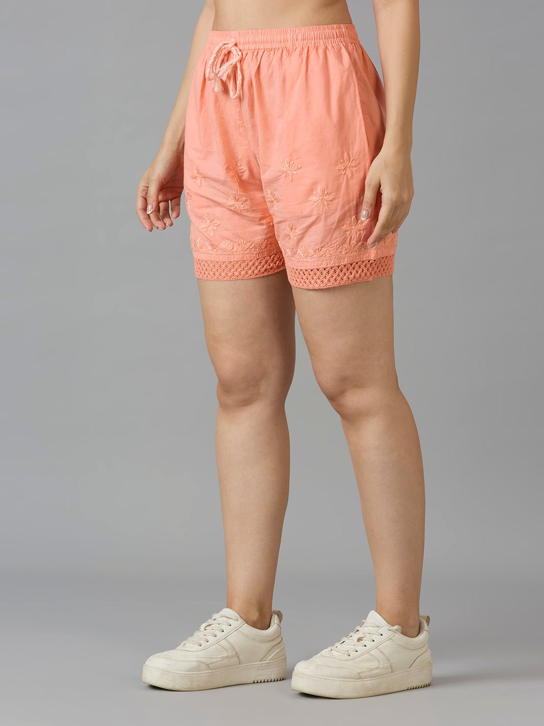 Indiankala4U Women's Pure Cotton Hand Embroidered Chikankari Shorts with Crochet Hem High - Rise Drawstring Waist - Indiankala4u