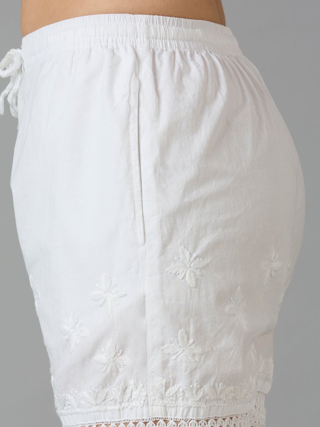 Indiankala4U Women's Pure Cotton Hand Embroidered Chikankari Shorts with Crochet Hem High - Rise Drawstring Waist - Indiankala4u