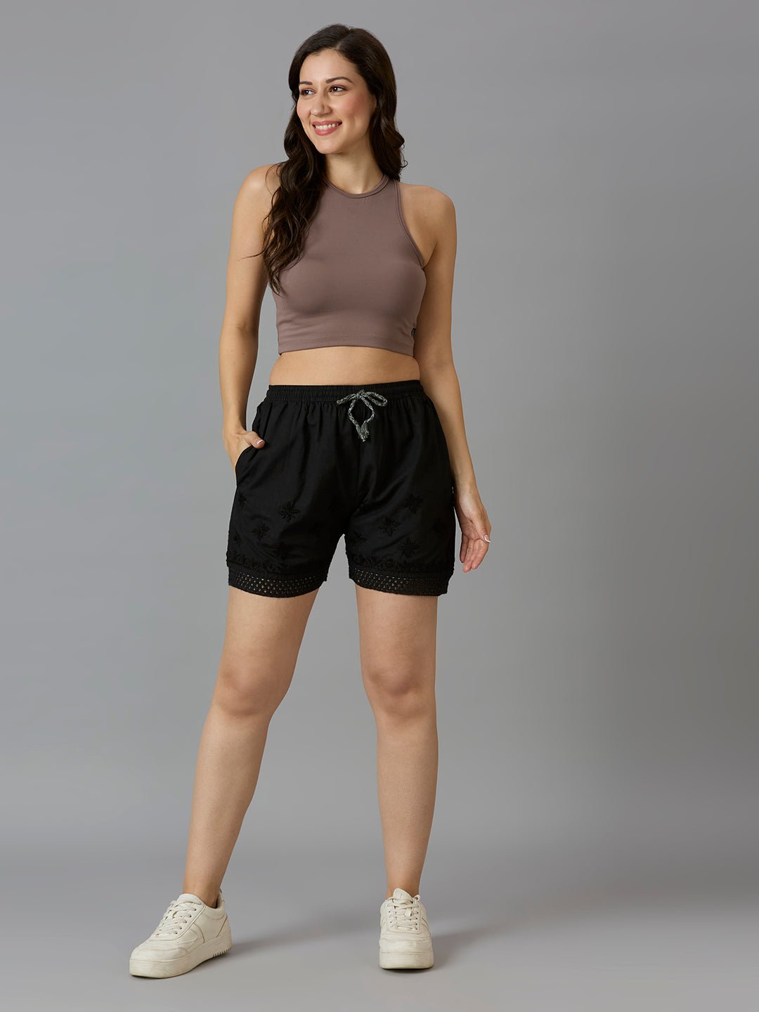 Indiankala4U Women's Pure Cotton Hand Embroidered Chikankari Shorts with Crochet Hem High - Rise Drawstring Waist - Indiankala4u