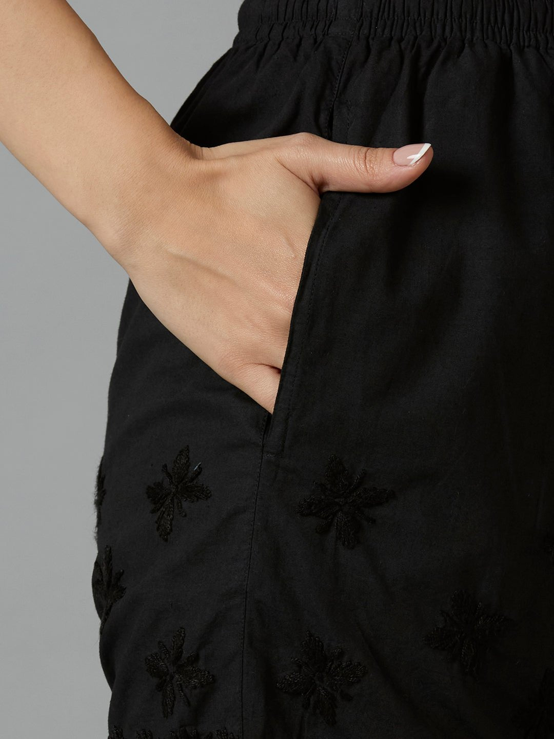 Indiankala4U Women's Pure Cotton Hand Embroidered Chikankari Shorts with Crochet Hem High - Rise Drawstring Waist - Indiankala4u