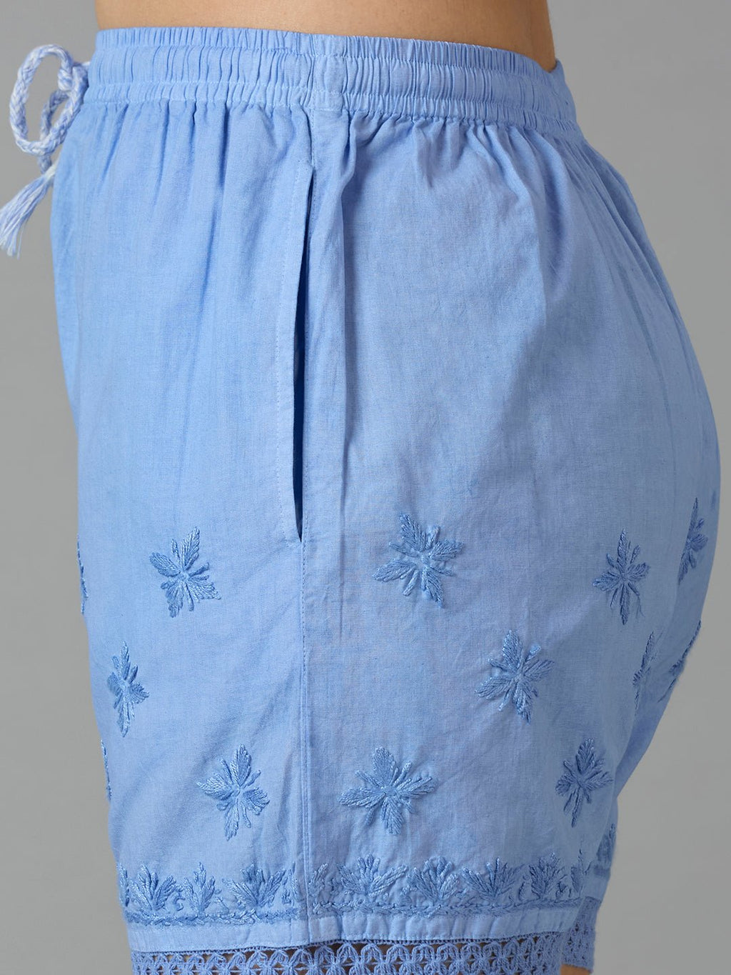Indiankala4U Women's Pure Cotton Hand Embroidered Chikankari Shorts with Crochet Hem High - Rise Drawstring Waist - Indiankala4u