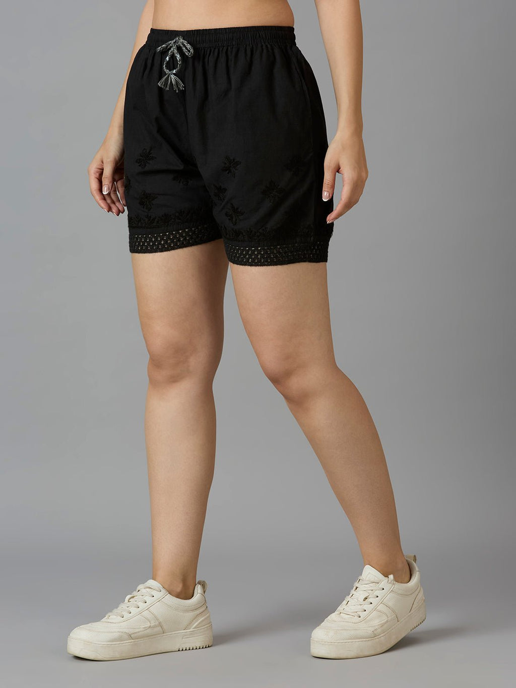 Indiankala4U Women's Pure Cotton Hand Embroidered Chikankari Shorts with Crochet Hem High - Rise Drawstring Waist - Indiankala4u