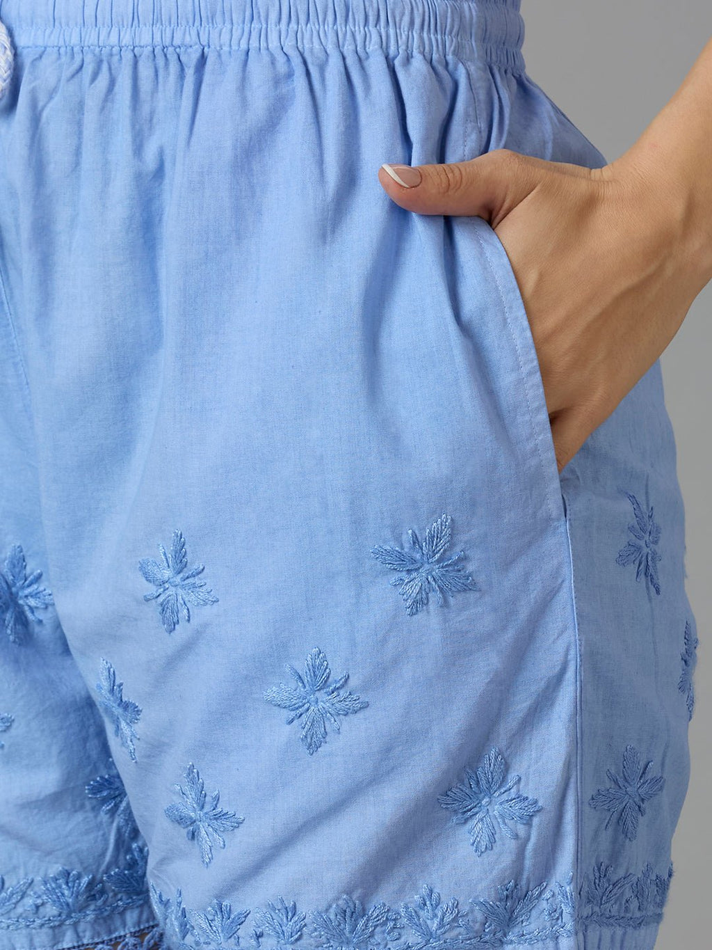 Indiankala4U Women's Pure Cotton Hand Embroidered Chikankari Shorts with Crochet Hem High - Rise Drawstring Waist - Indiankala4u