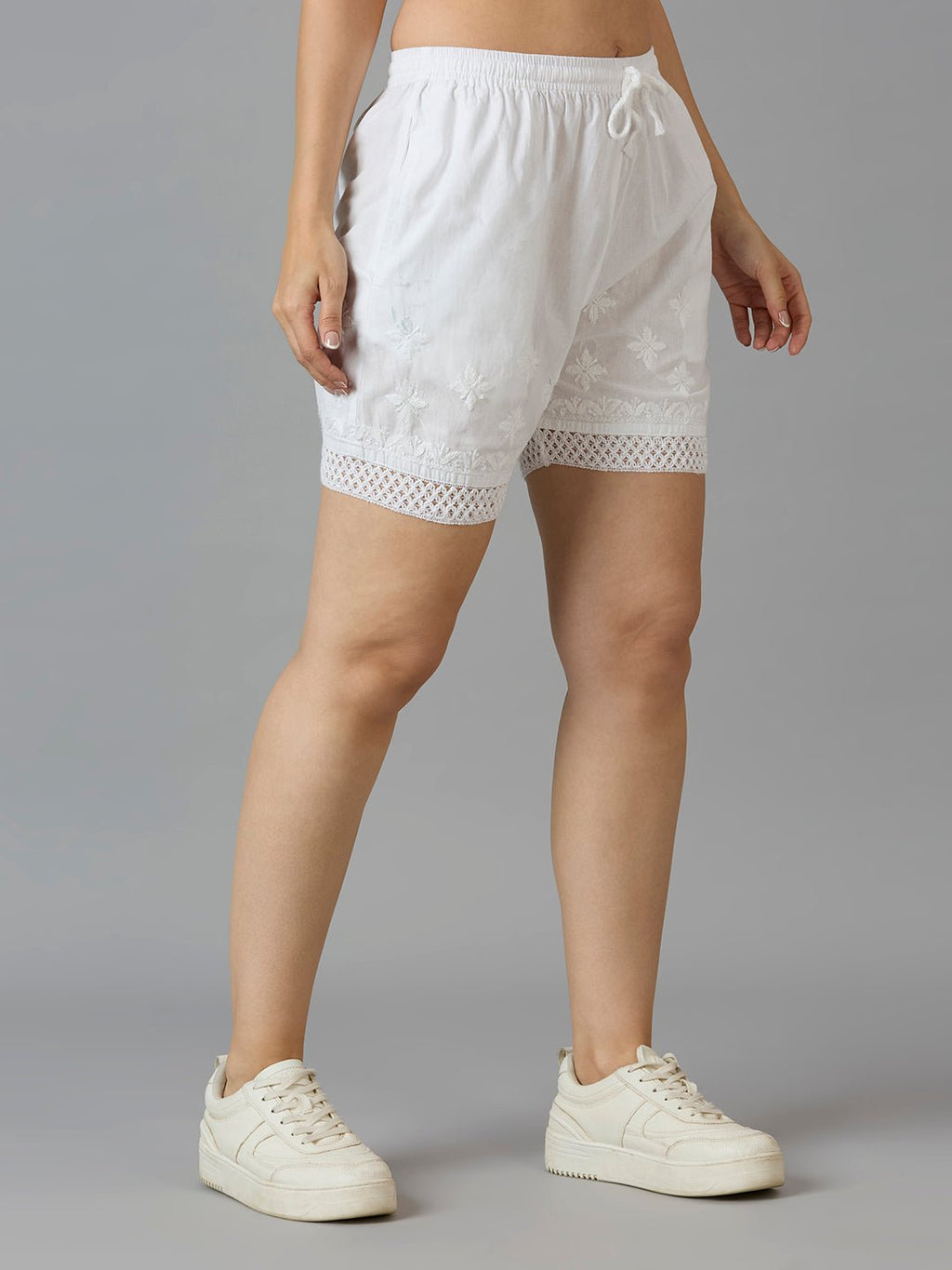Indiankala4U Women's Pure Cotton Hand Embroidered Chikankari Shorts with Crochet Hem High - Rise Drawstring Waist - Indiankala4u