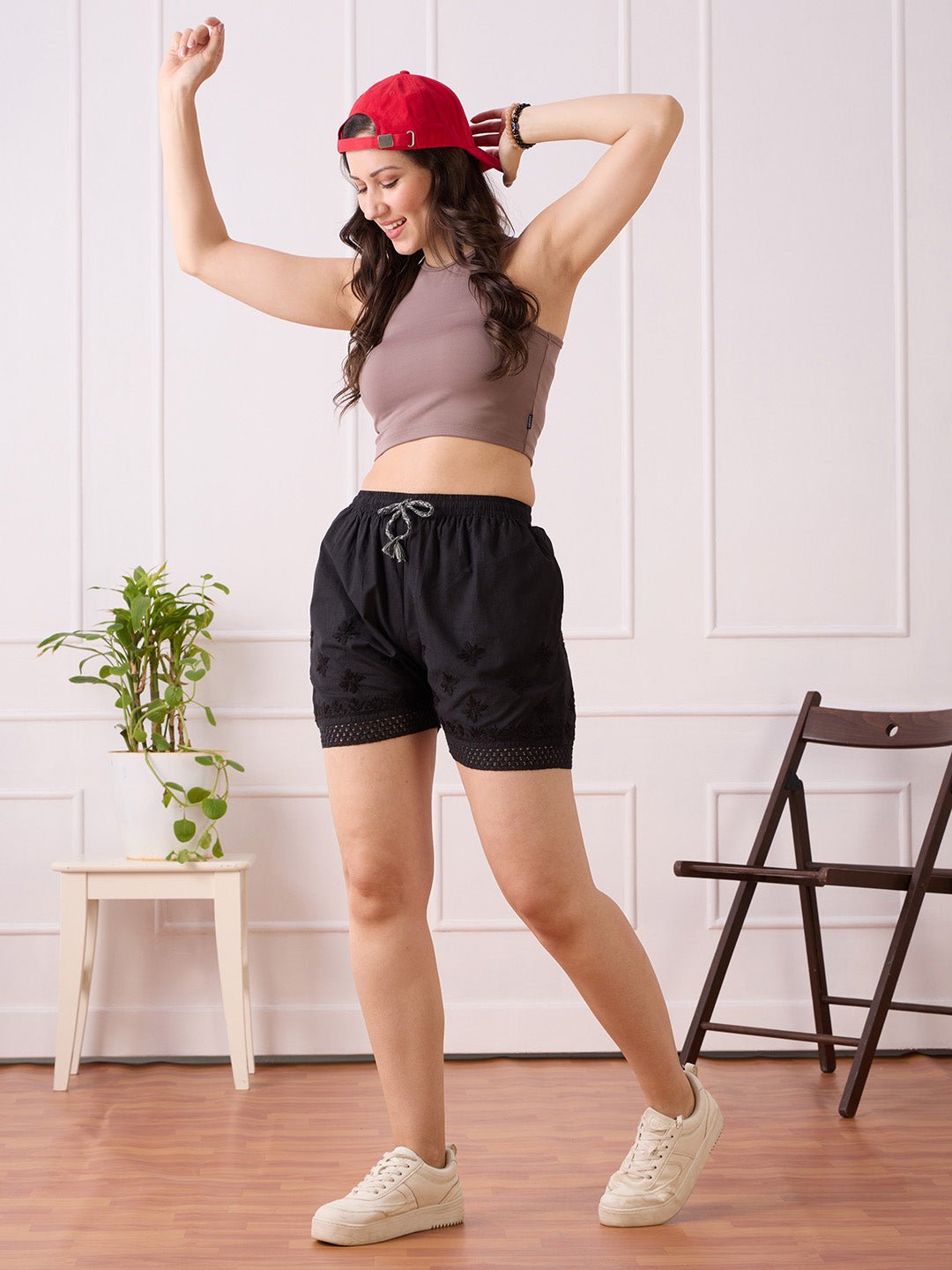 Indiankala4U Women's Pure Cotton Hand Embroidered Chikankari Shorts with Crochet Hem High - Rise Drawstring Waist - Indiankala4u