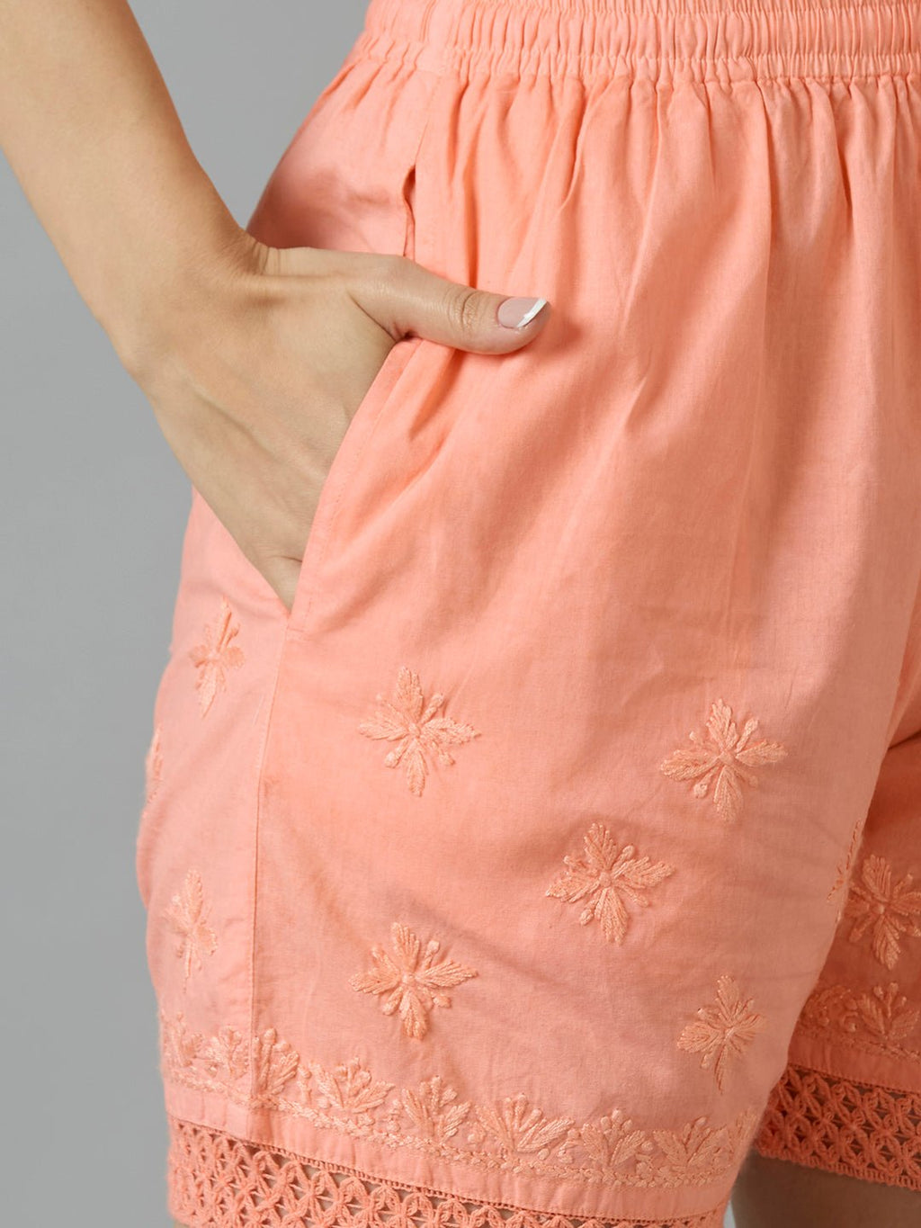 Indiankala4U Women's Pure Cotton Hand Embroidered Chikankari Shorts with Crochet Hem High - Rise Drawstring Waist - Indiankala4u