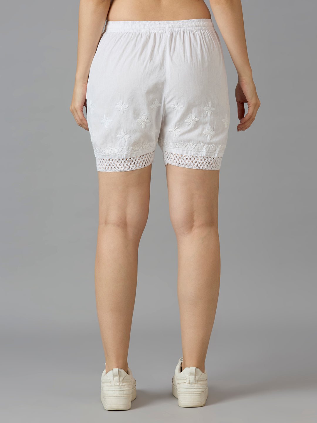 Indiankala4U Women's Pure Cotton Hand Embroidered Chikankari Shorts with Crochet Hem High - Rise Drawstring Waist - Indiankala4u