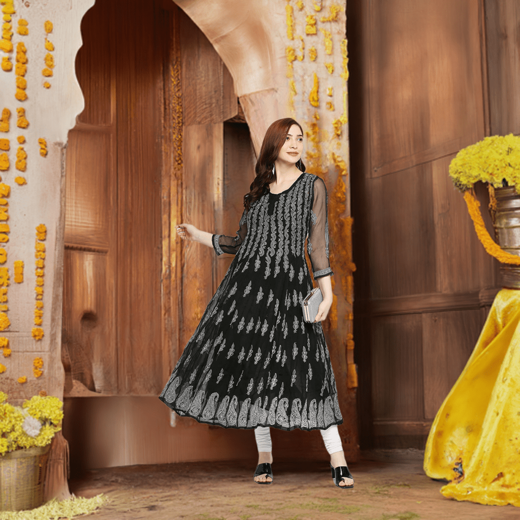 Lucknow Chikankari Hand embroidered 56Kali Anarkali Kurta - Indiankala4u