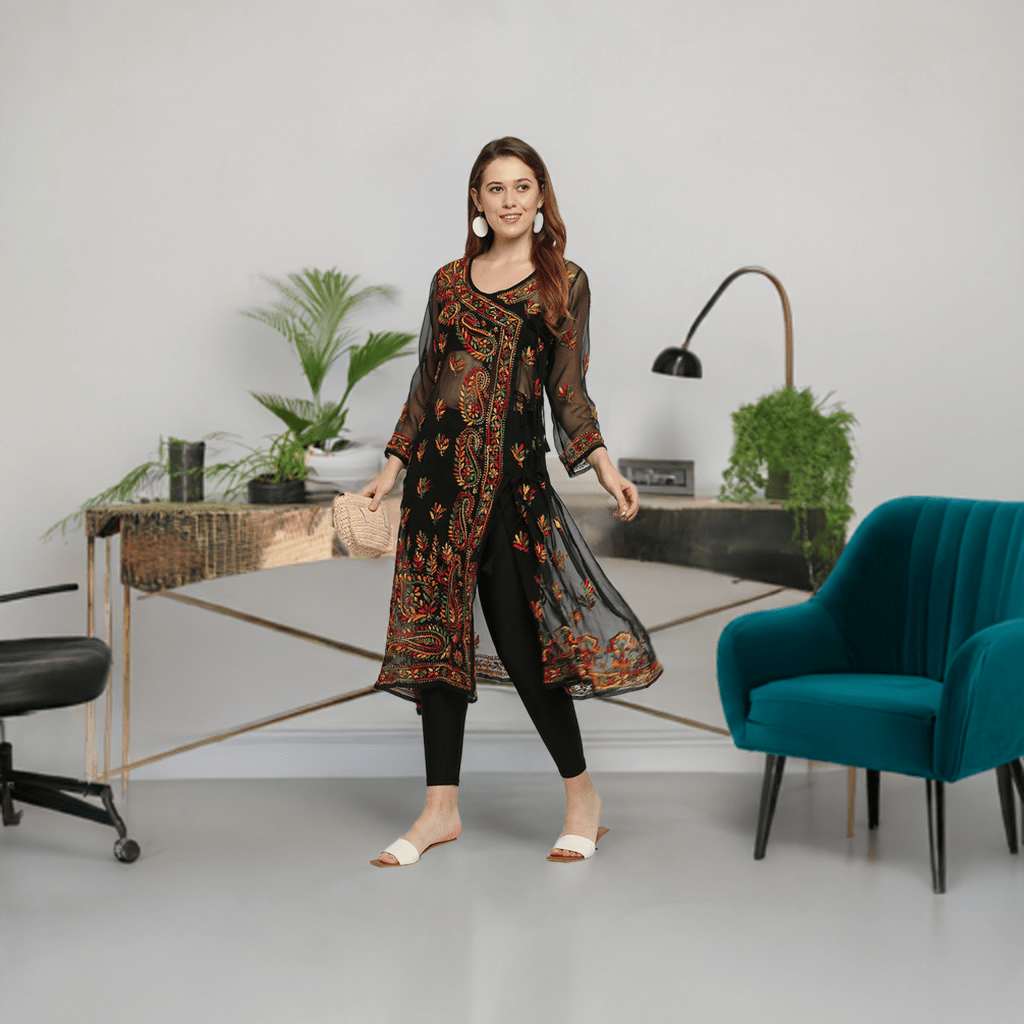 Lucknow Chikankari Hand Embroidered Angrakha Long Kurti, Georgette - Indiankala4u