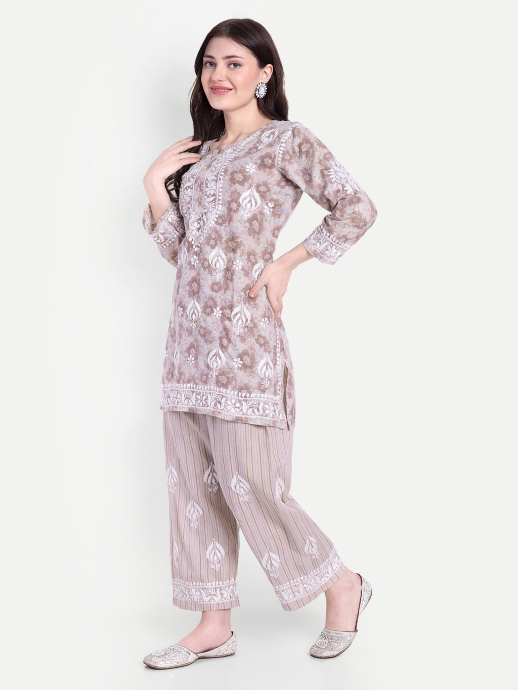 Lucknow Chikankari Hand Embroidered Co - Ord Set Cotton Blend - Indiankala4u
