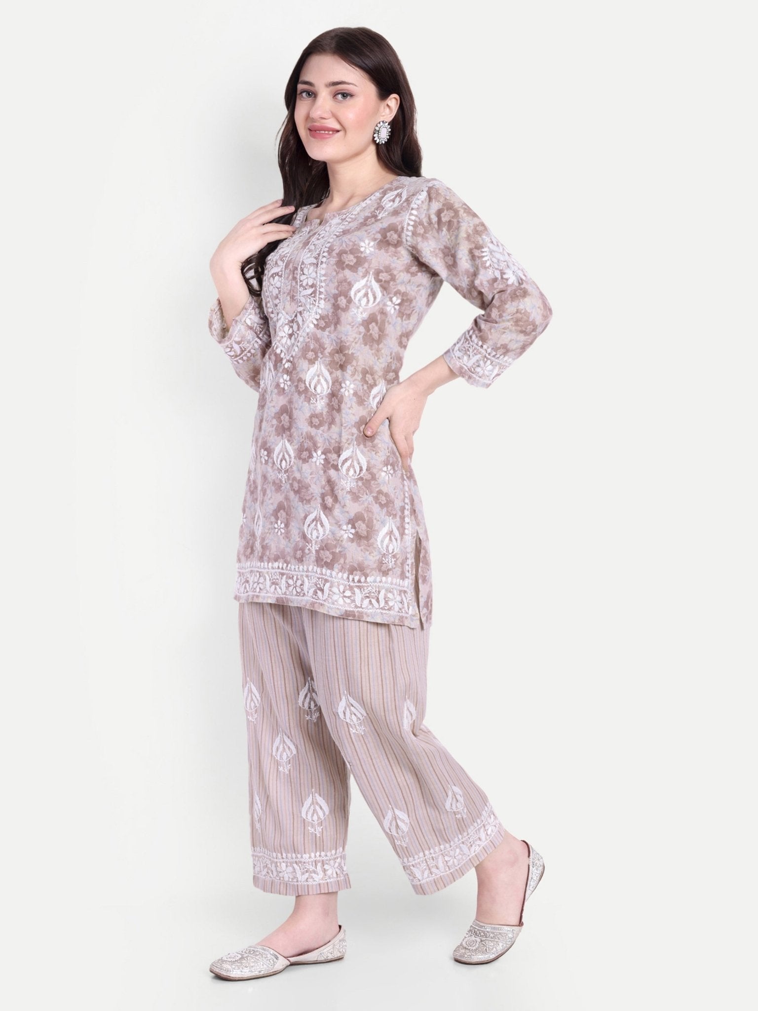 Lucknow Chikankari Hand Embroidered Co - Ord Set Cotton Blend - Indiankala4u