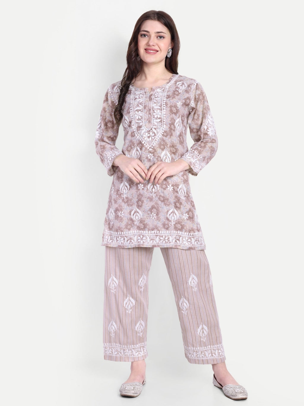 Lucknow Chikankari Hand Embroidered Co - Ord Set Cotton Blend - Indiankala4u