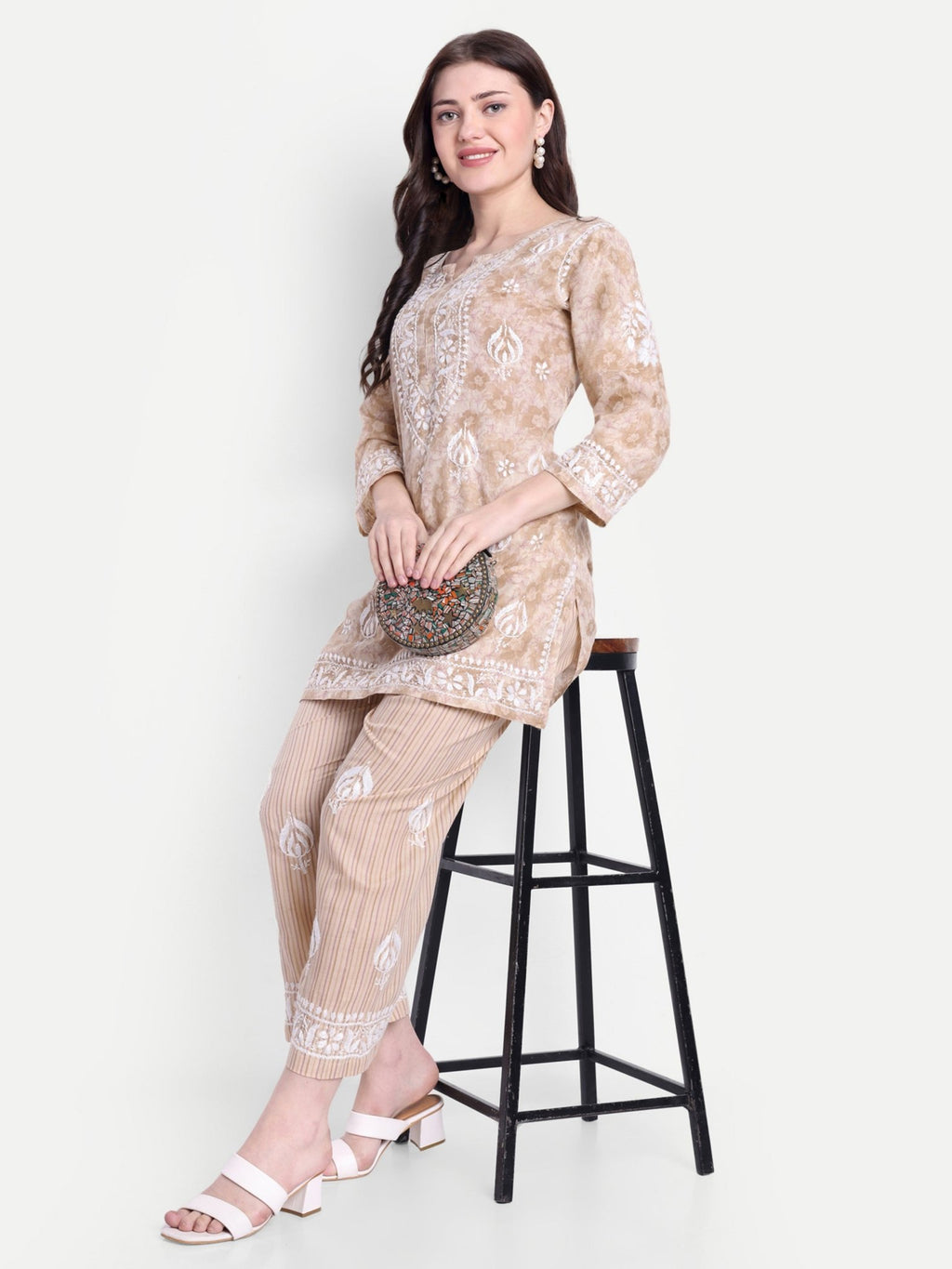 Lucknow Chikankari Hand Embroidered Co - Ord Set Cotton Blend - Indiankala4u