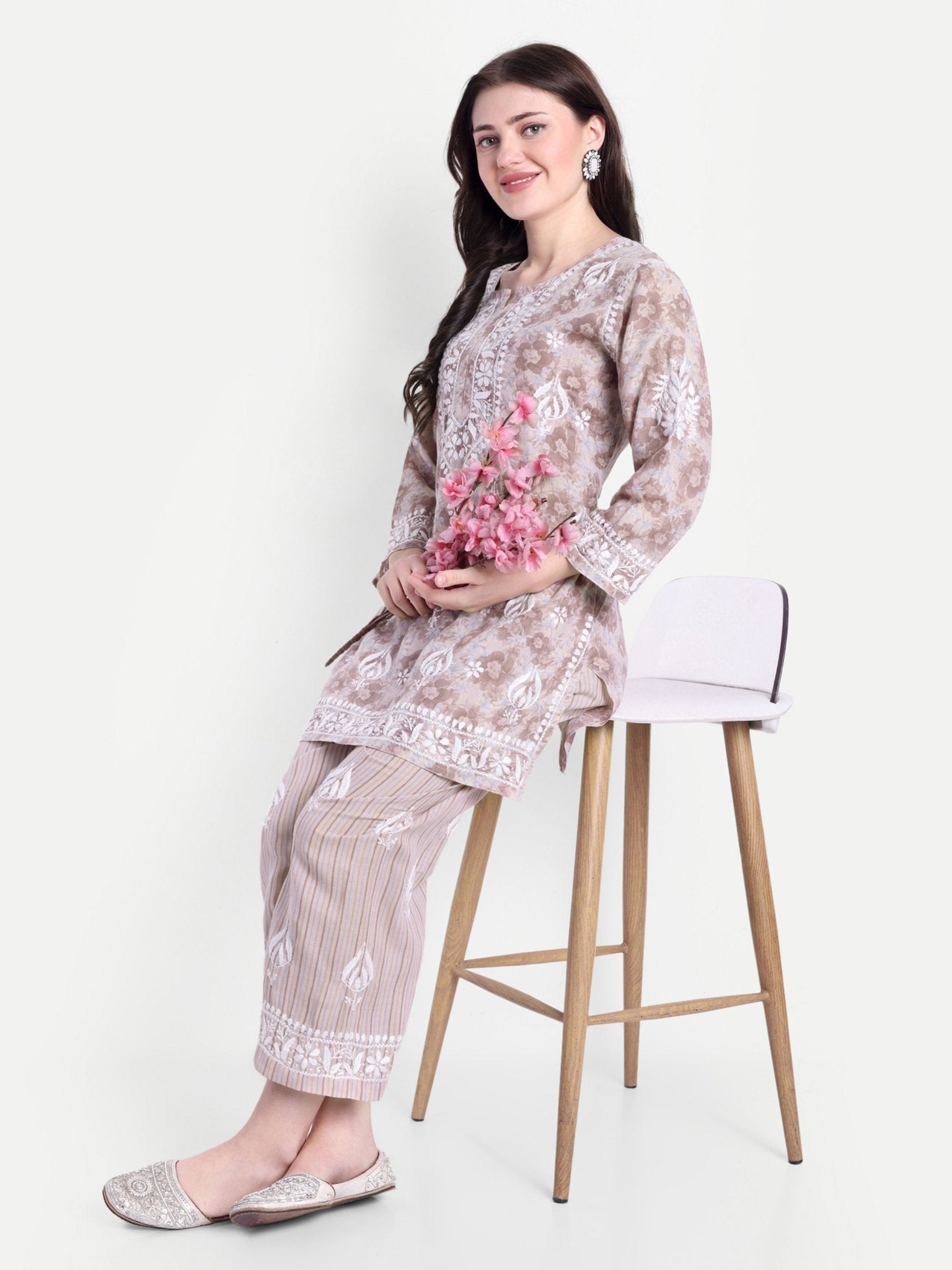 Lucknow Chikankari Hand Embroidered Co - Ord Set Cotton Blend - Indiankala4u