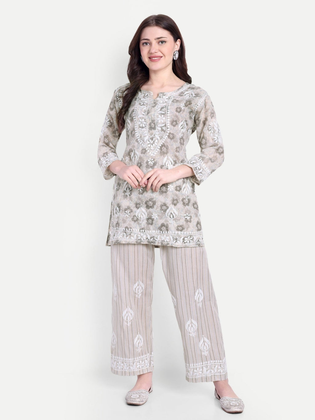 Lucknow Chikankari Hand Embroidered Co - Ord Set Cotton Blend - Indiankala4u
