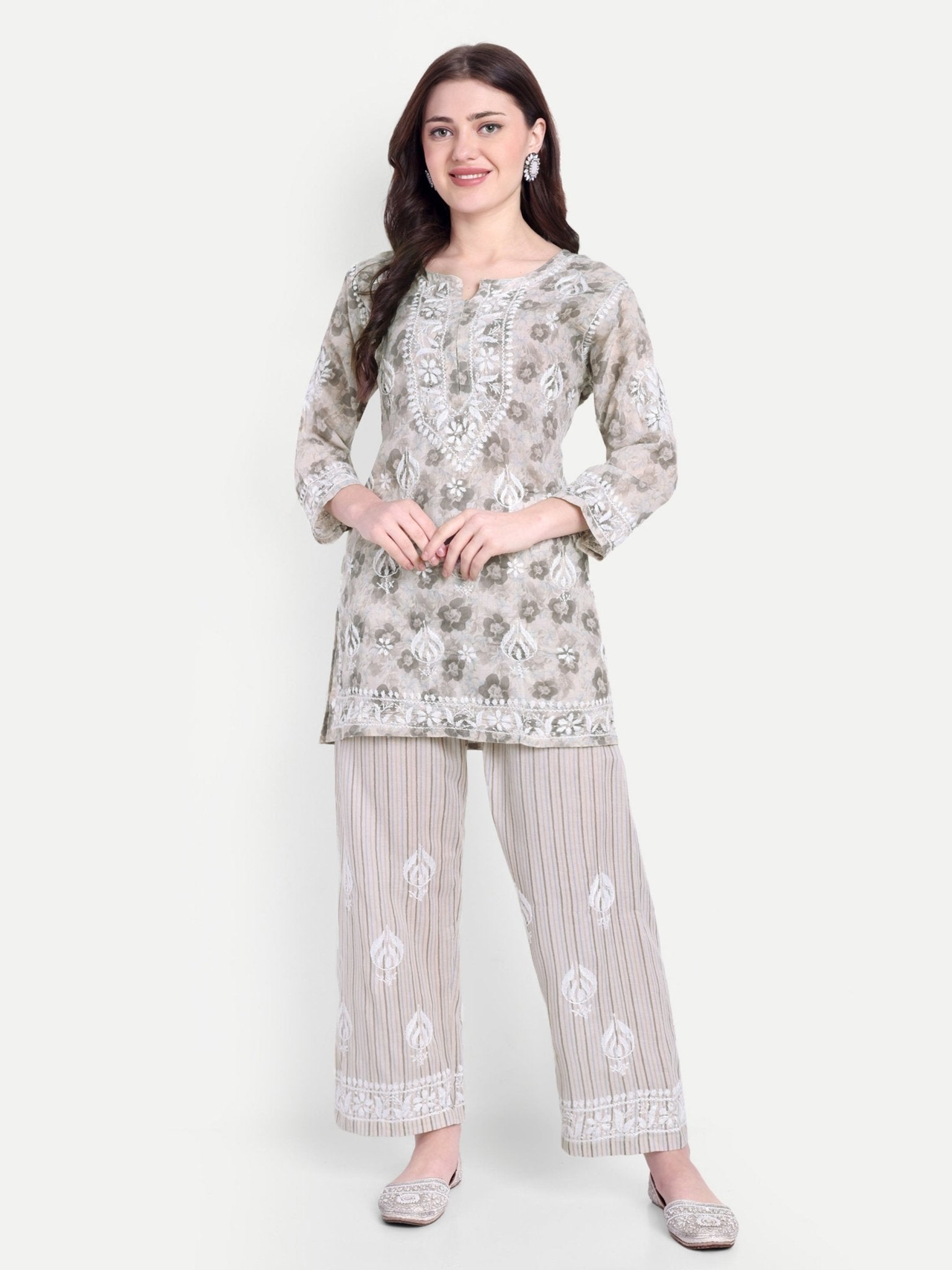 Lucknow Chikankari Hand Embroidered Co - Ord Set Cotton Blend - Indiankala4u