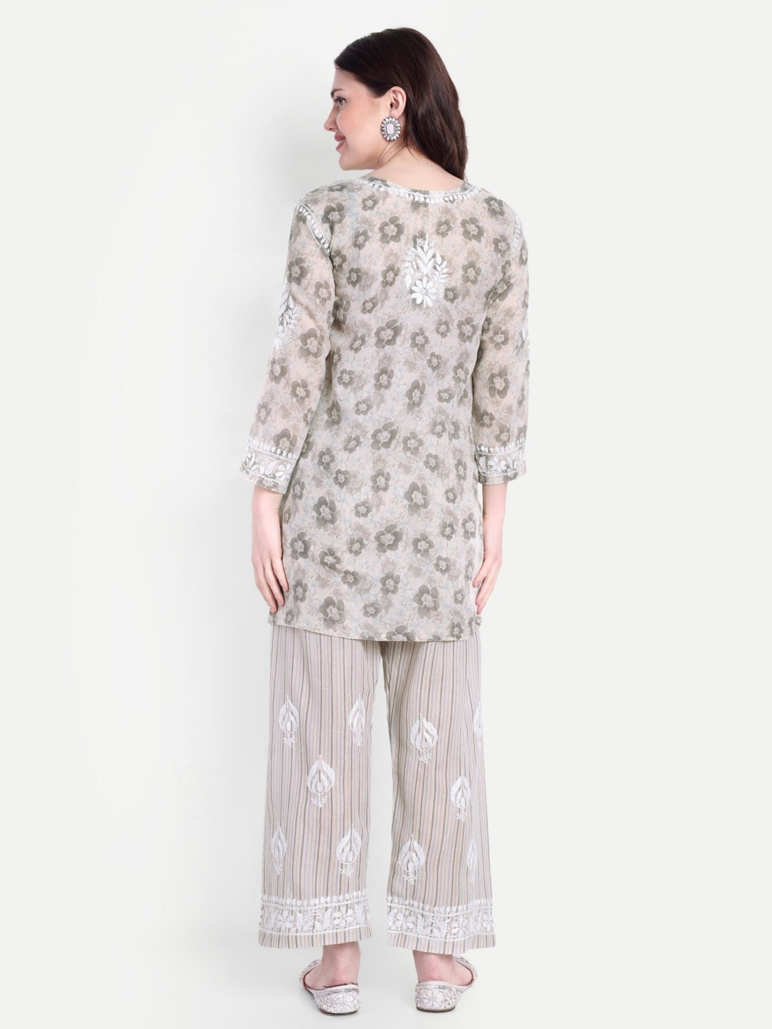 Lucknow Chikankari Hand Embroidered Co - Ord Set Cotton Blend - Indiankala4u