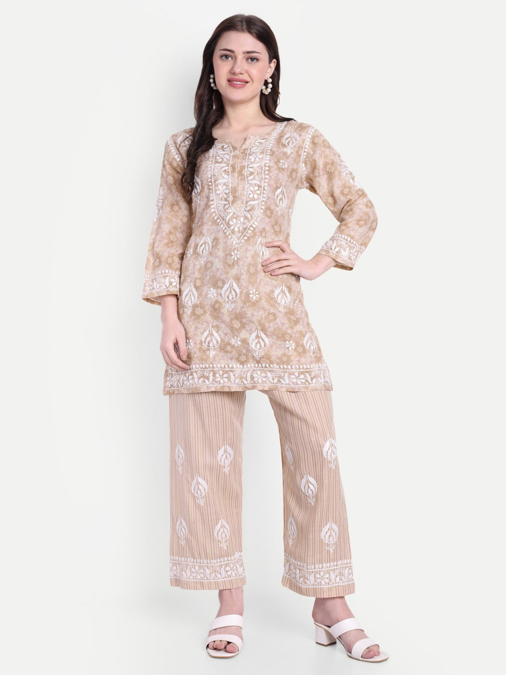 Lucknow Chikankari Hand Embroidered Co - Ord Set Cotton Blend - Indiankala4u