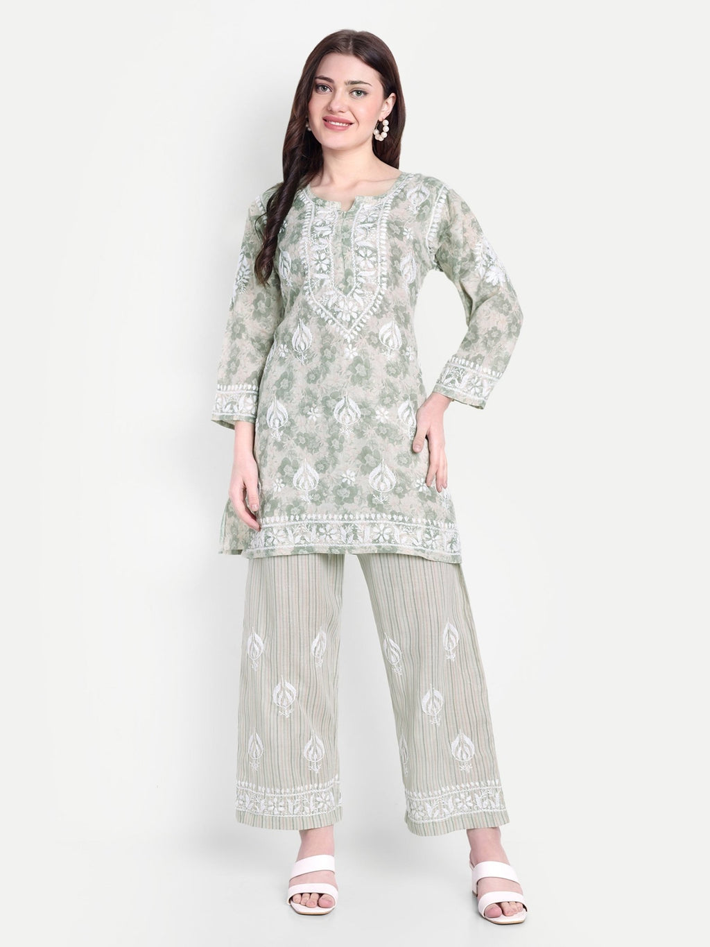 Lucknow Chikankari Hand Embroidered Co - Ord Set Cotton Blend - Indiankala4u