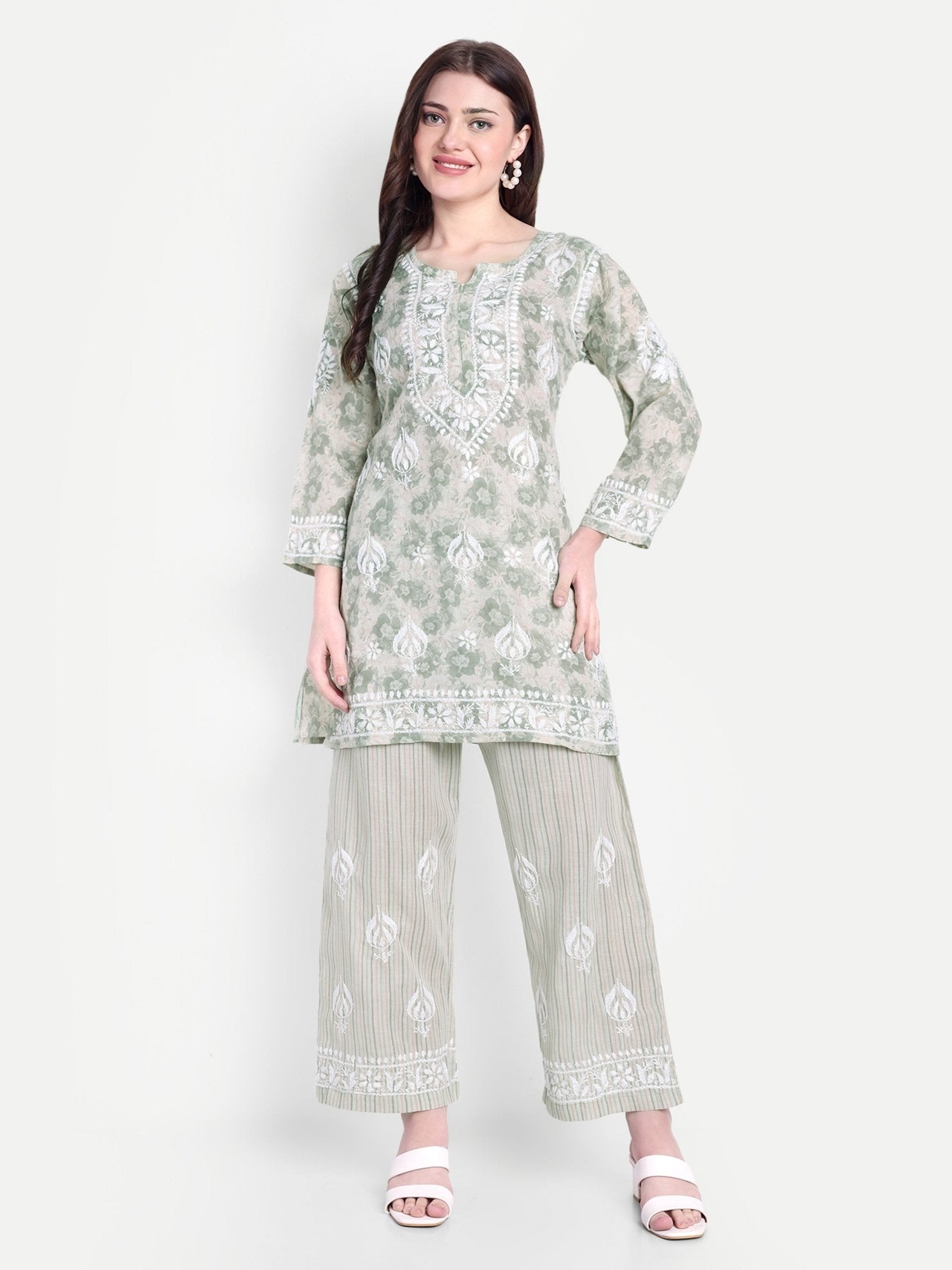 Lucknow Chikankari Hand Embroidered Co - Ord Set Cotton Blend - Indiankala4u