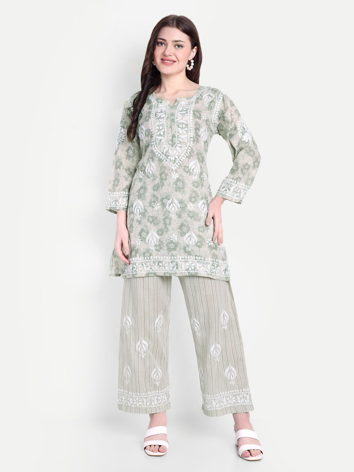 Lucknow Chikankari Hand Embroidered Co - Ord Set Cotton Blend - Indiankala4u