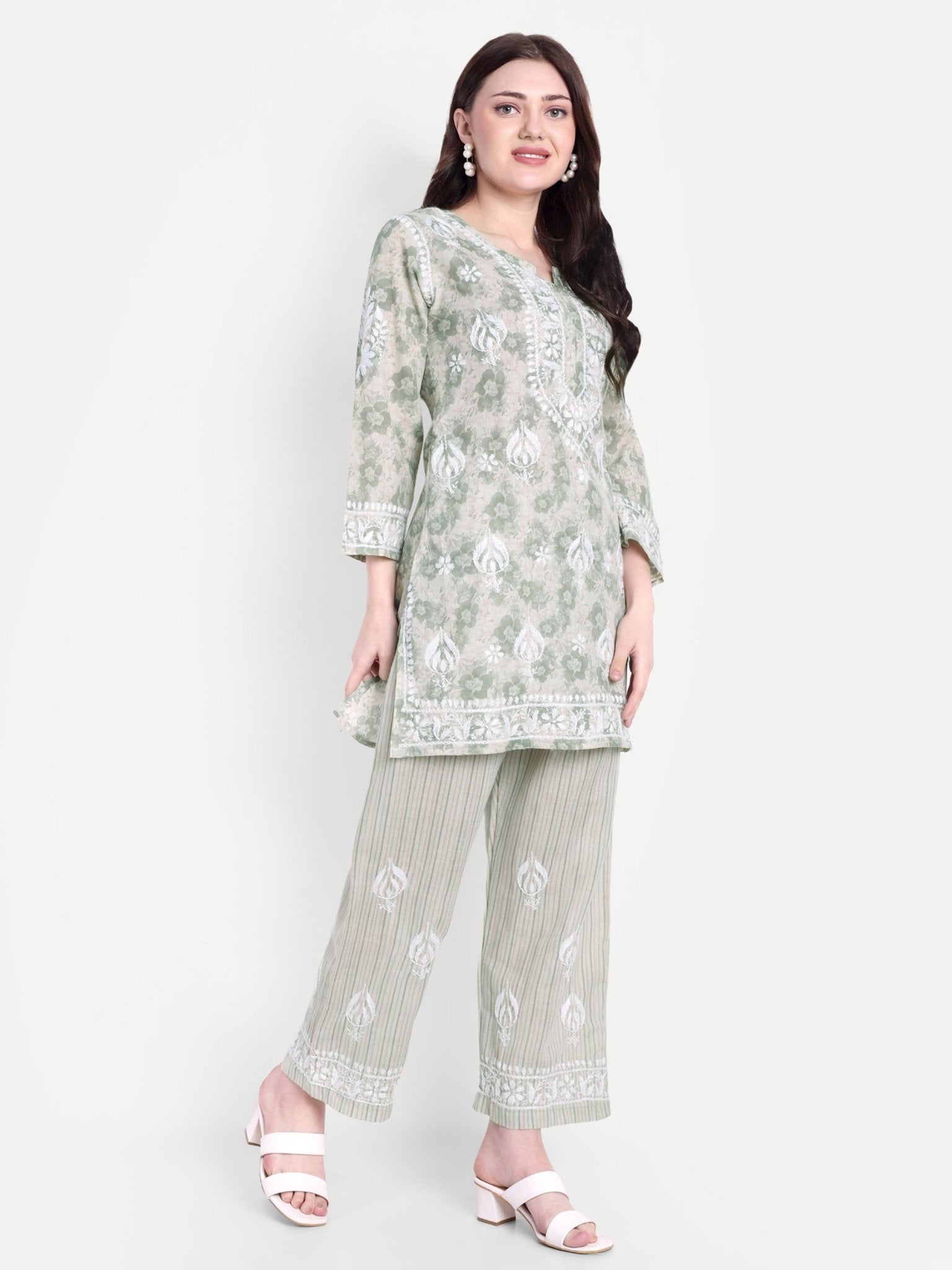 Lucknow Chikankari Hand Embroidered Co - Ord Set Cotton Blend - Indiankala4u