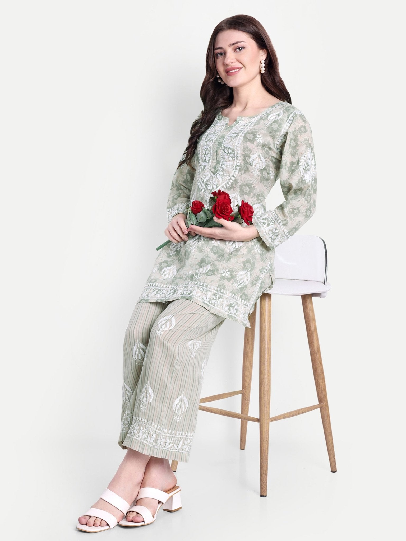 Lucknow Chikankari Hand Embroidered Co - Ord Set Cotton Blend - Indiankala4u