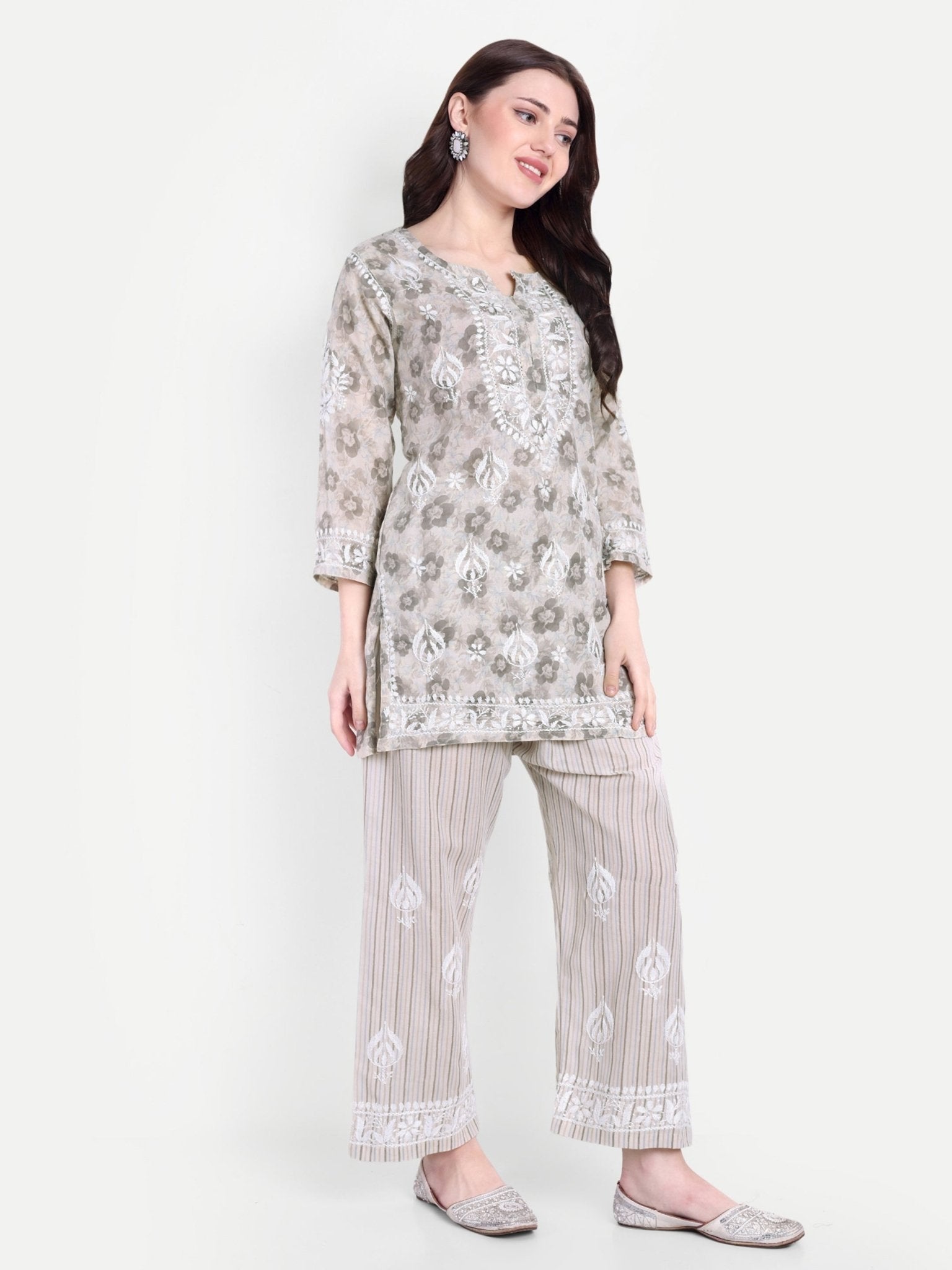 Lucknow Chikankari Hand Embroidered Co - Ord Set Cotton Blend - Indiankala4u