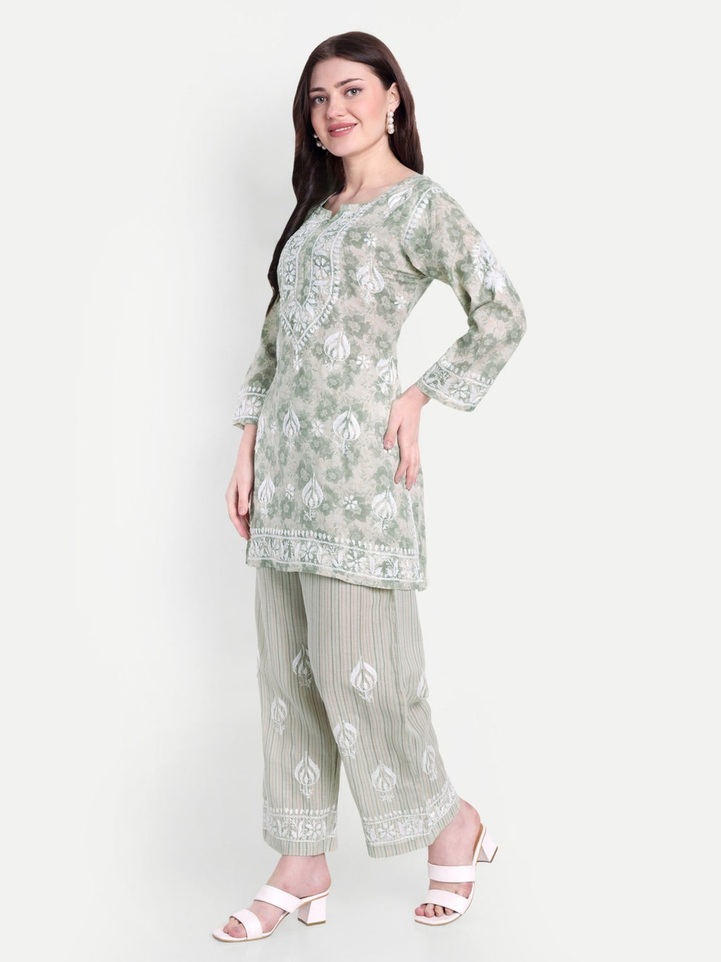 Lucknow Chikankari Hand Embroidered Co - Ord Set Cotton Blend - Indiankala4u