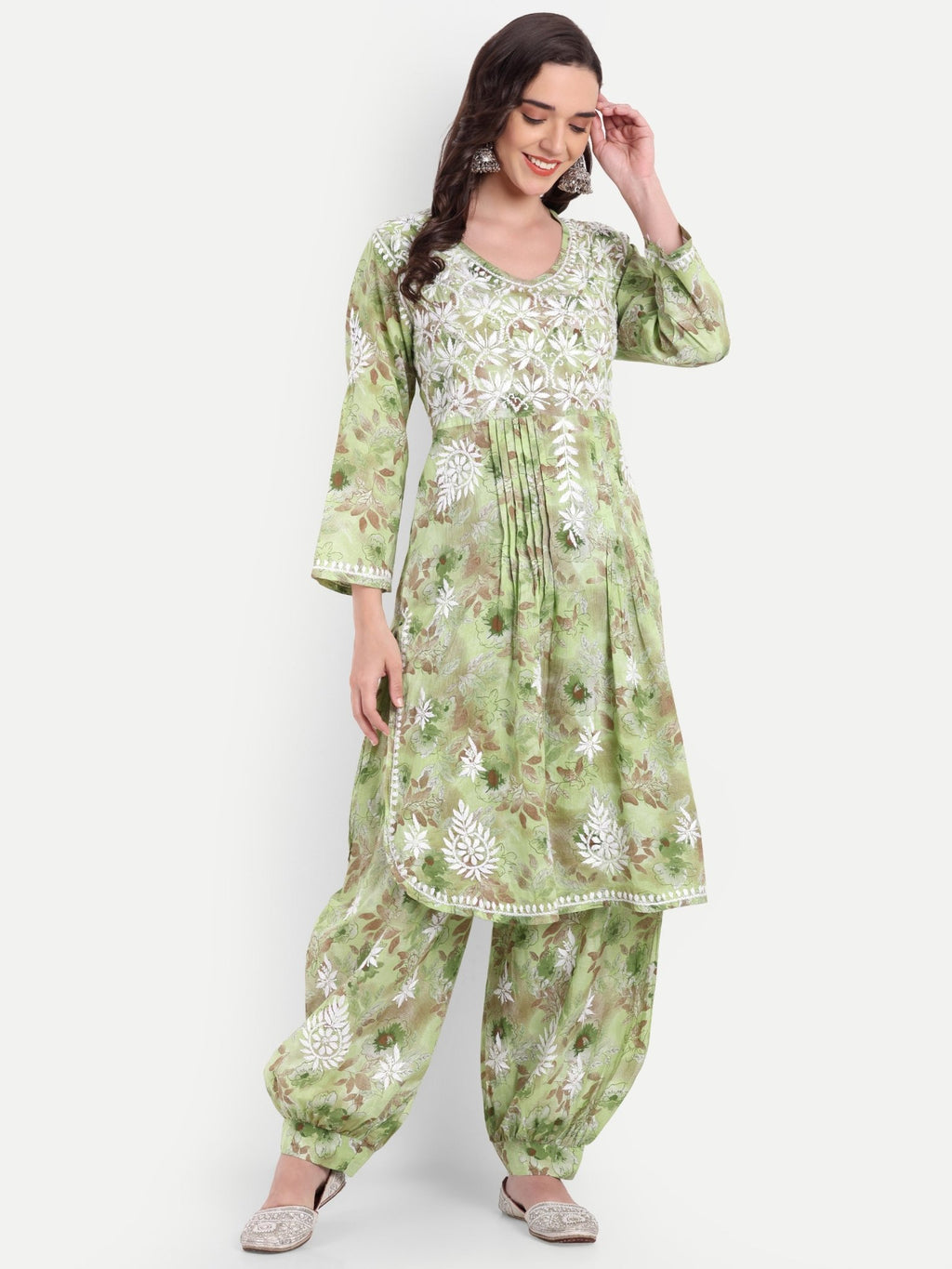 Lucknow Chikankari Hand Embroidered Co ord Set Salwar Suit Set MulMul Cotton - Indiankala4u