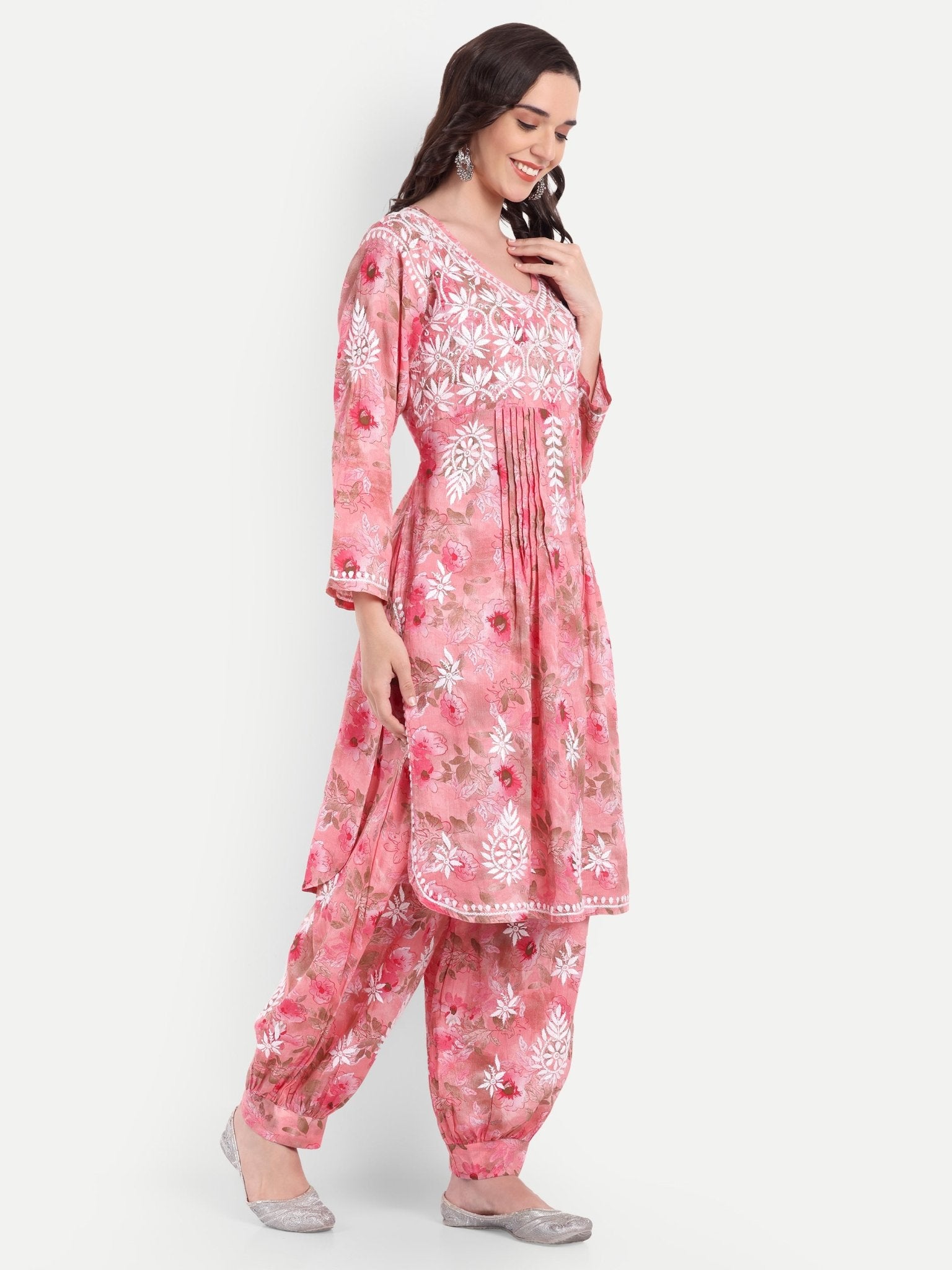 Lucknow Chikankari Hand Embroidered Co ord Set Salwar Suit Set MulMul Cotton - Indiankala4u