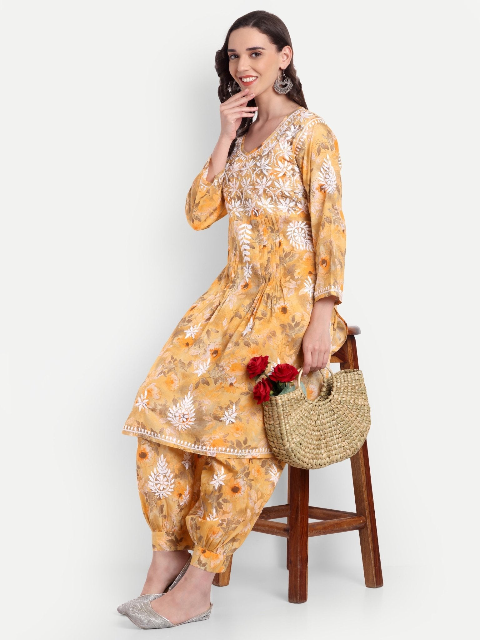 Lucknow Chikankari Hand Embroidered Co ord Set Salwar Suit Set MulMul Cotton - Indiankala4u